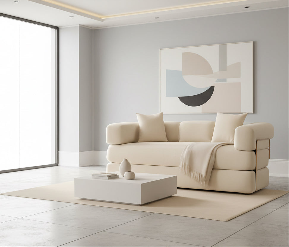 Beige sofa with cushions and a blanket in a room with warm lighting.