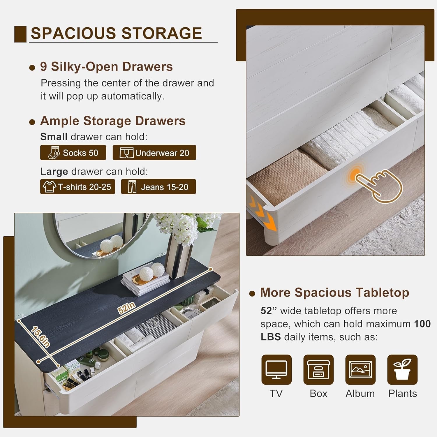 Bedroom furniture with storage drawers and a spacious tabletop, featuring text on storage capacity.