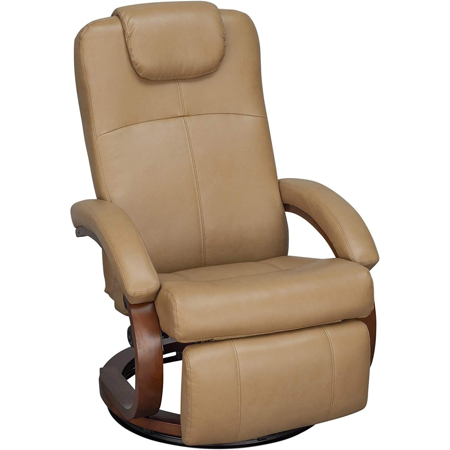 Brown leather recliner chair with wooden base on a white background