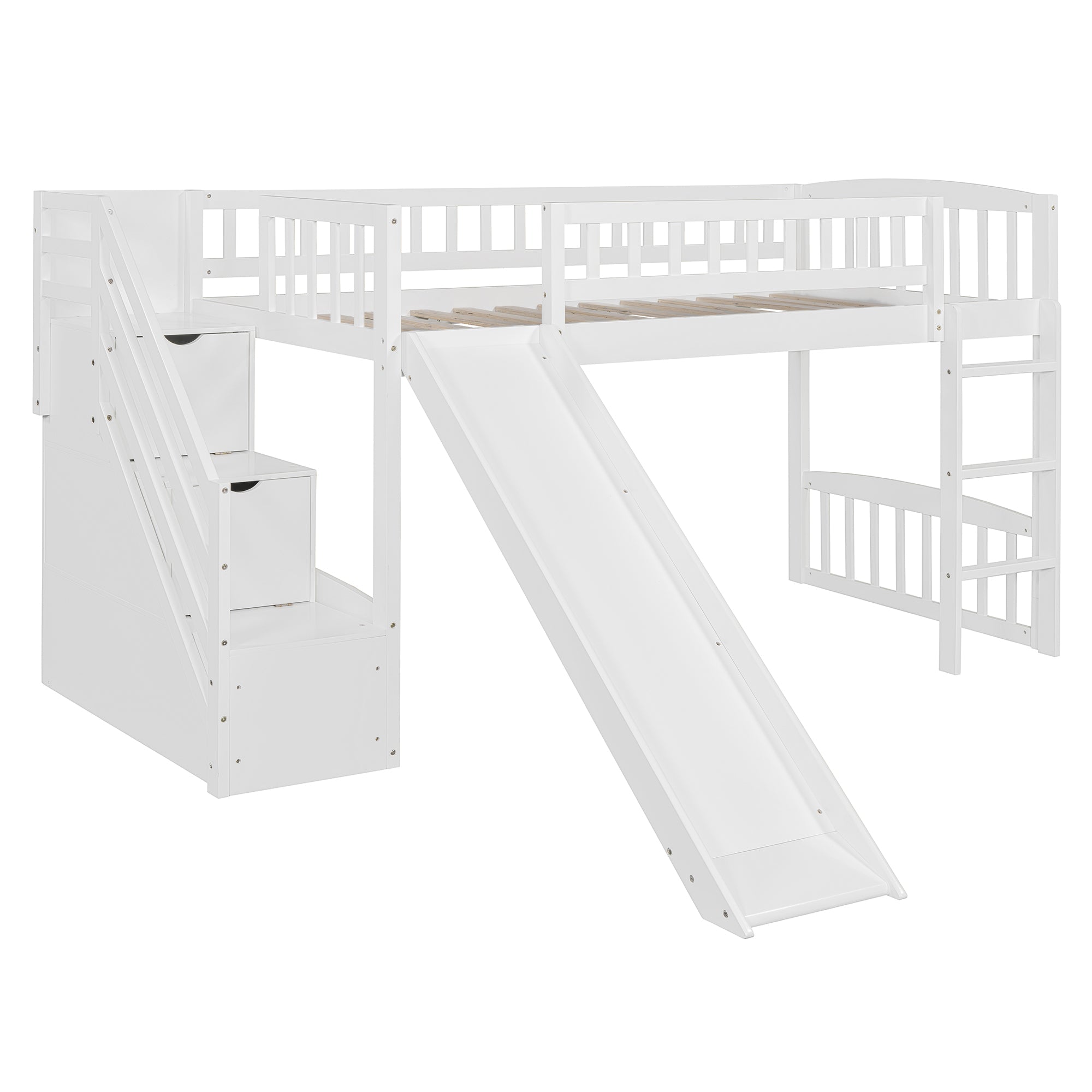 Stairway Twin Size Loft Bed with Two Drawers and Slide