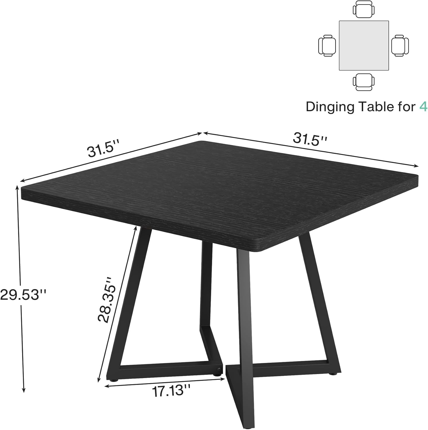 Black dining table with dimensions labeled on a white background