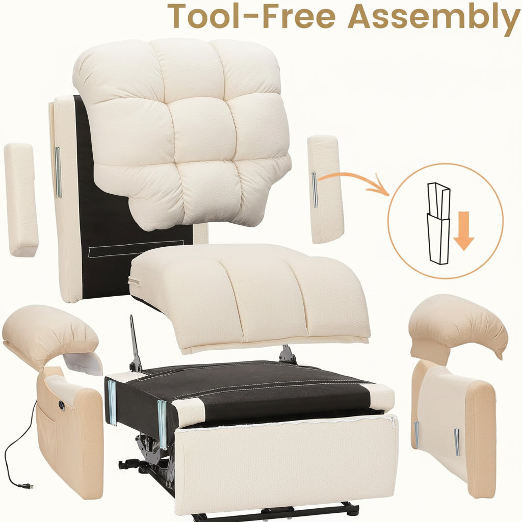 White recliner chair with tool-free assembly instructions on a white background