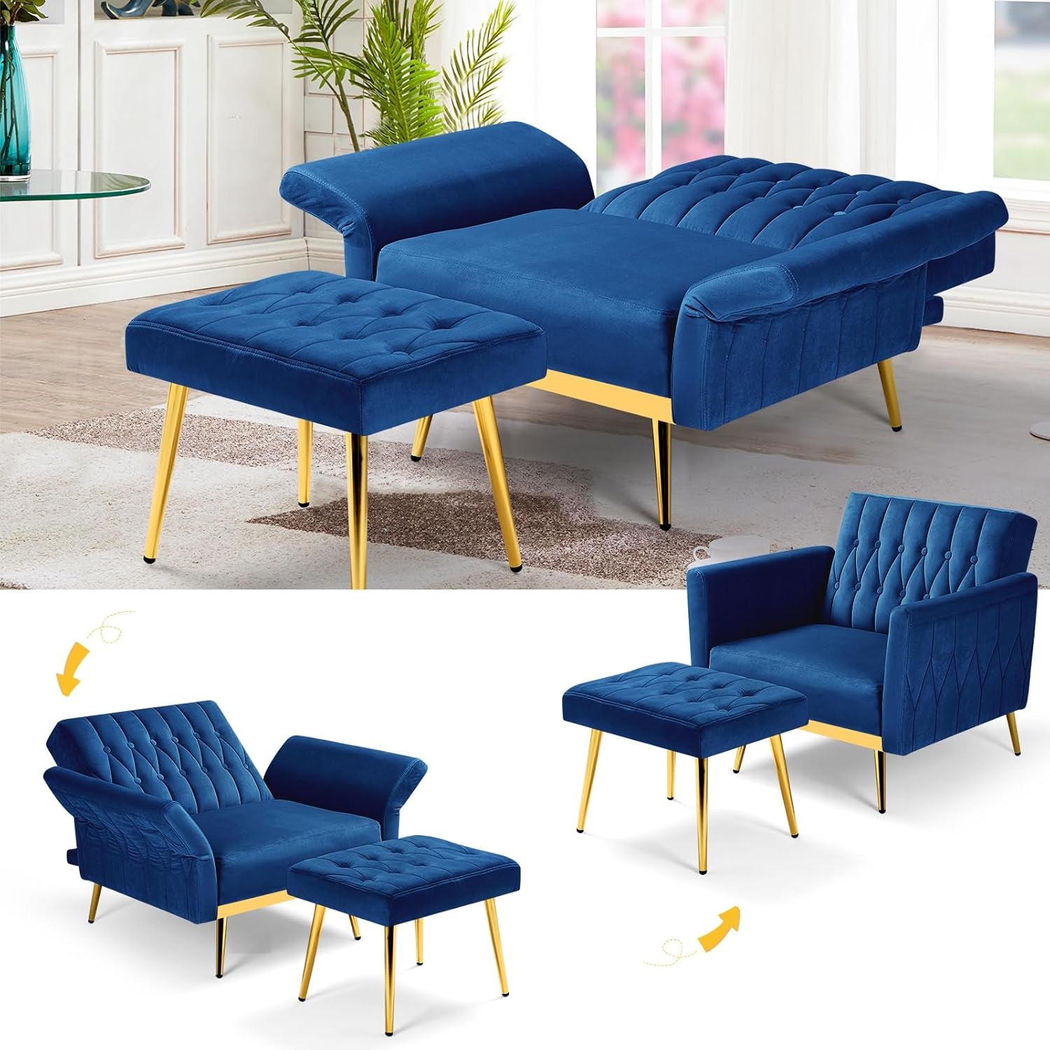 Blue velvet sofa set with gold legs in a living room setting