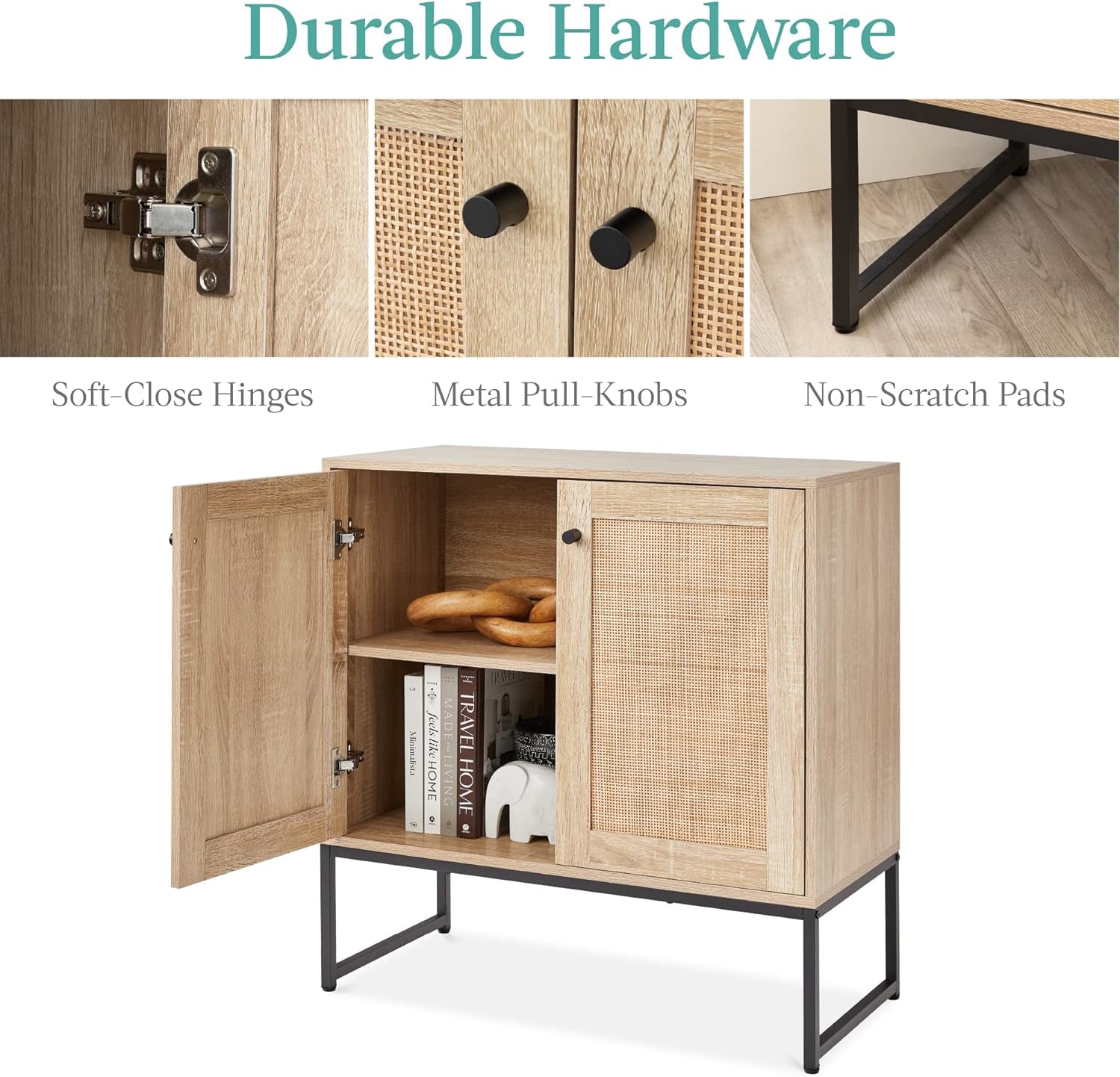 Two Door Rattan Storage Cabinet Natural Finish With Non Scratch Foot