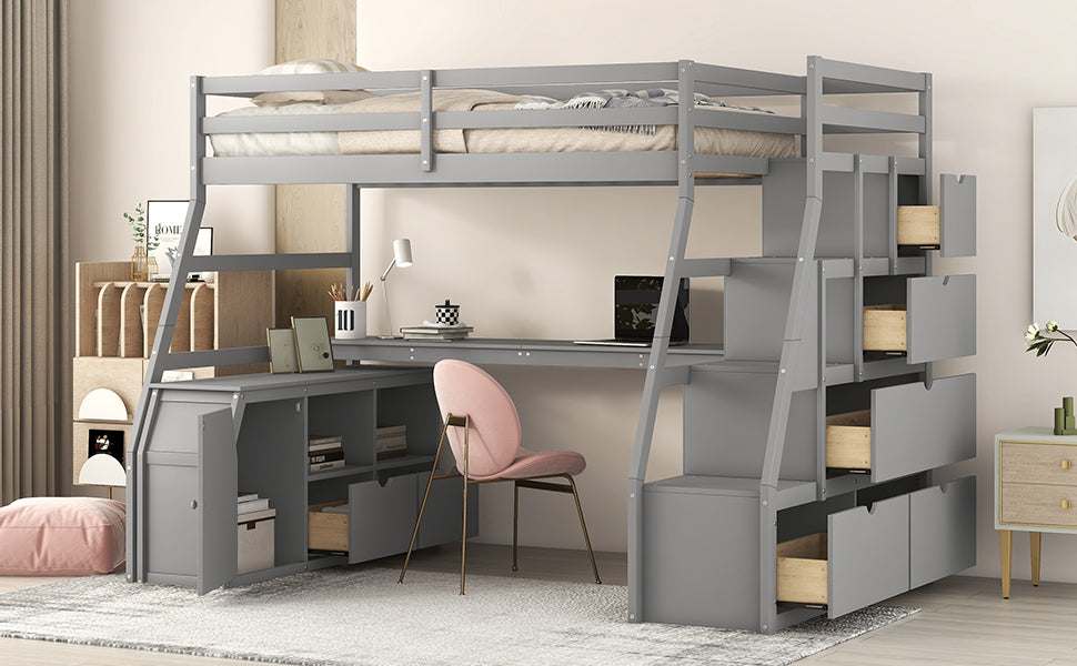 Twin Size Loft Bed with 7 Drawers 2 Shelves and Desk