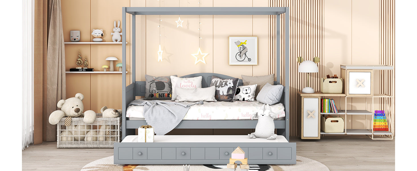 Twin Size Canopy Day Bed with Twin Size Trundle and Underbed Storage