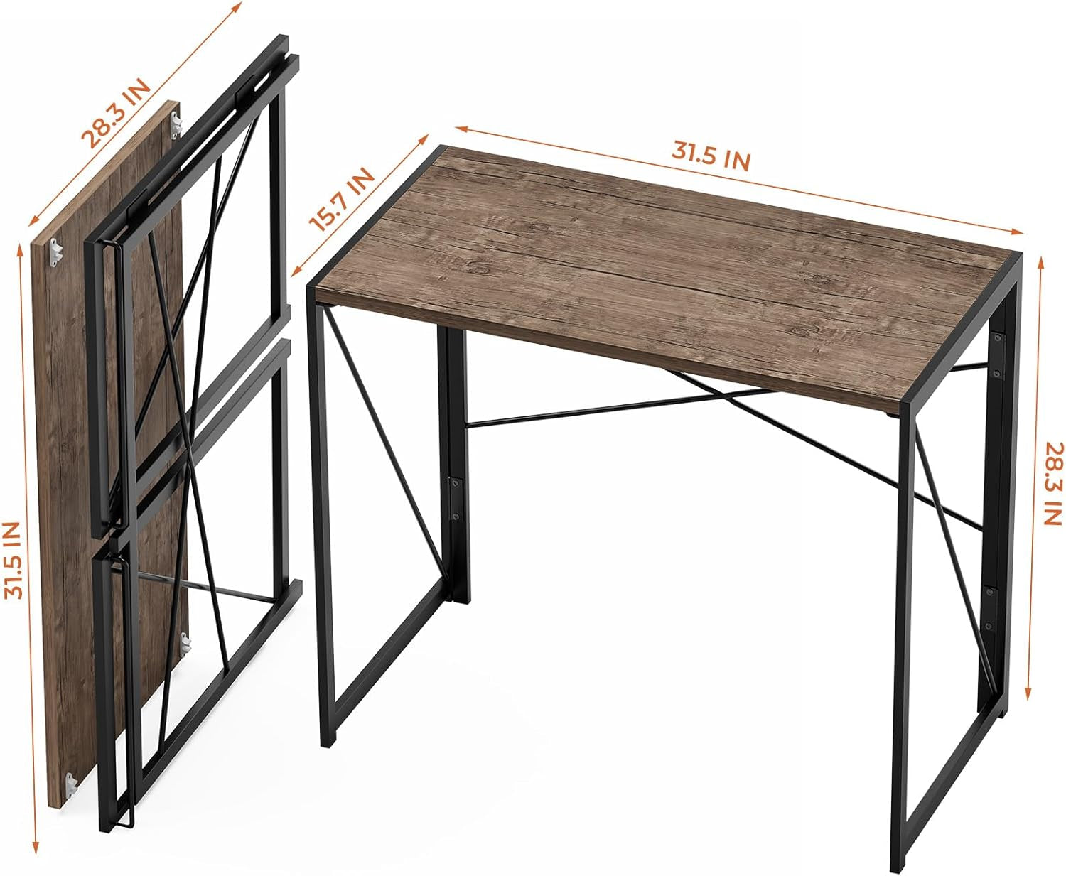 Small Folding Desk 31.5 Inch No Assembly Required Computer Desks, Spaces Saving Foldable Table for Bedroom, Home Office, Dorm, Apartment, Kids, Adults, Brown-2