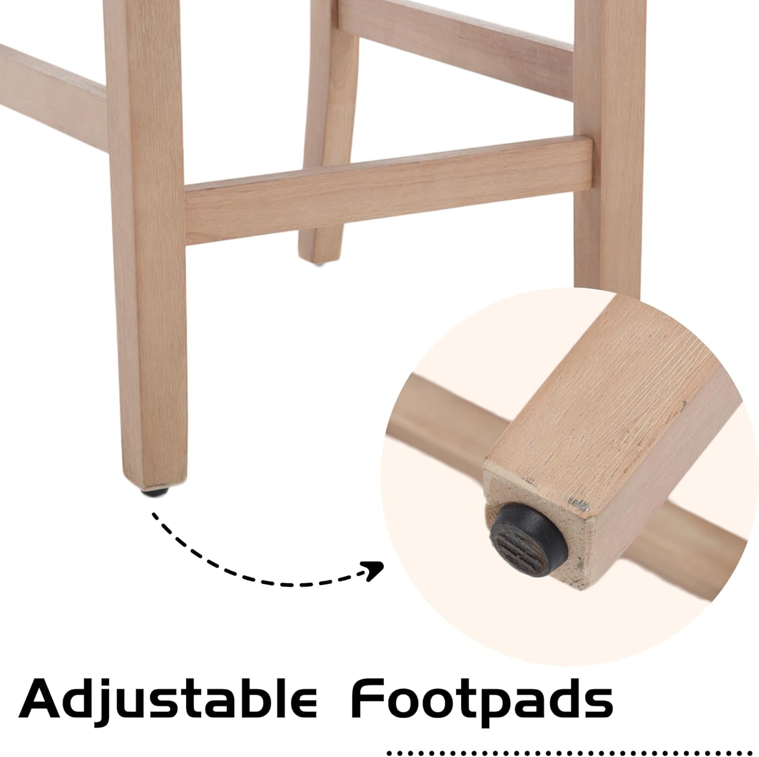 Wooden stool with adjustable footpads on a white background
