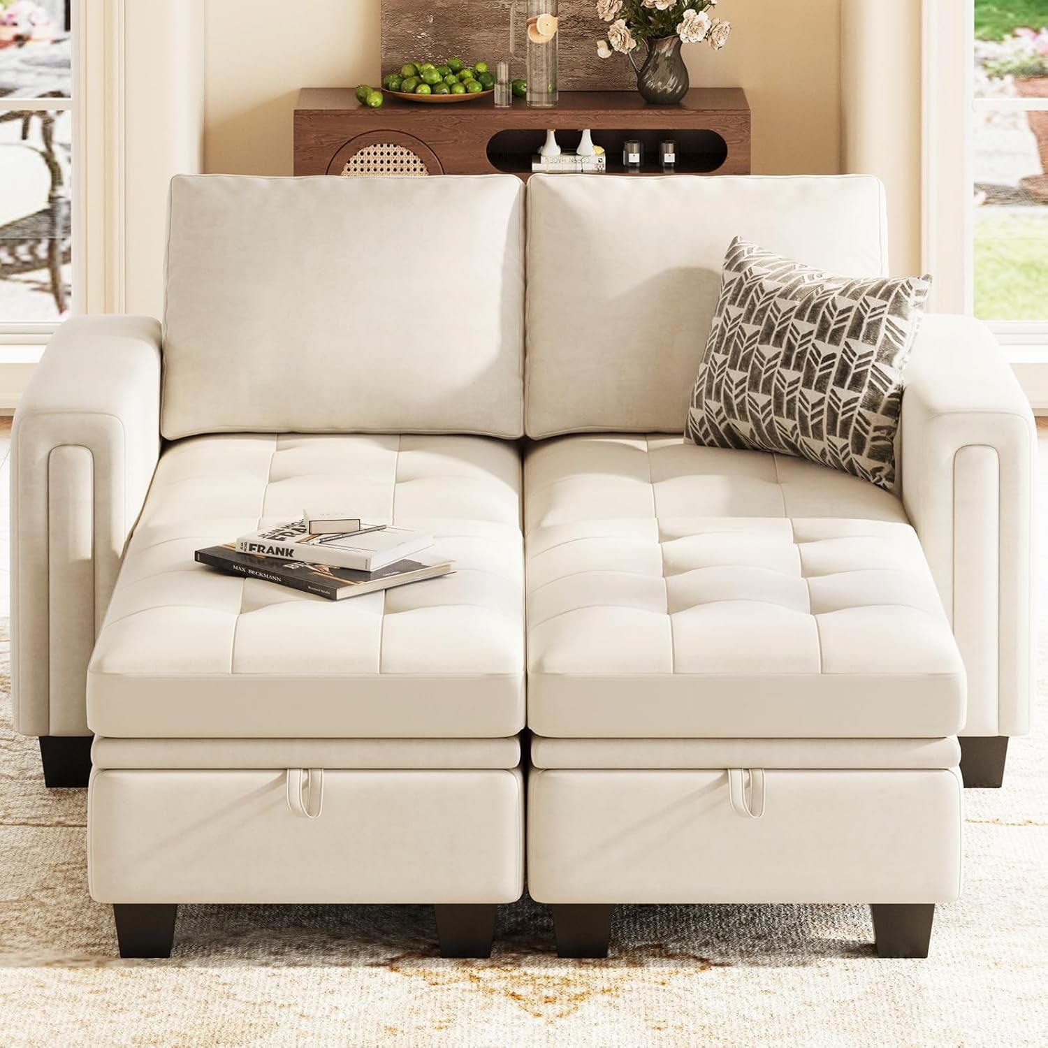 Beige Velvet Modular Sectional Sofa With Storage Sleeper-4