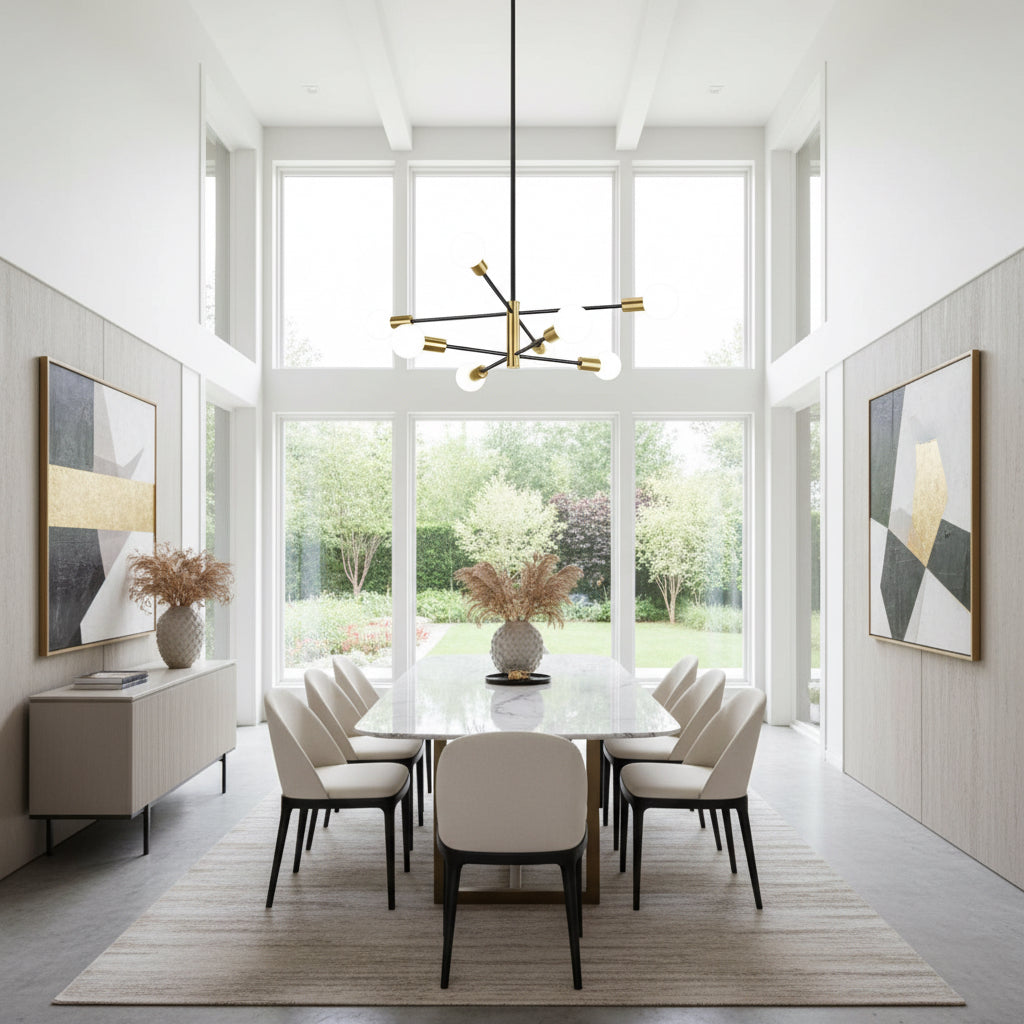Modern living room with a black and gold chandelier, fireplace, and decorative elements.