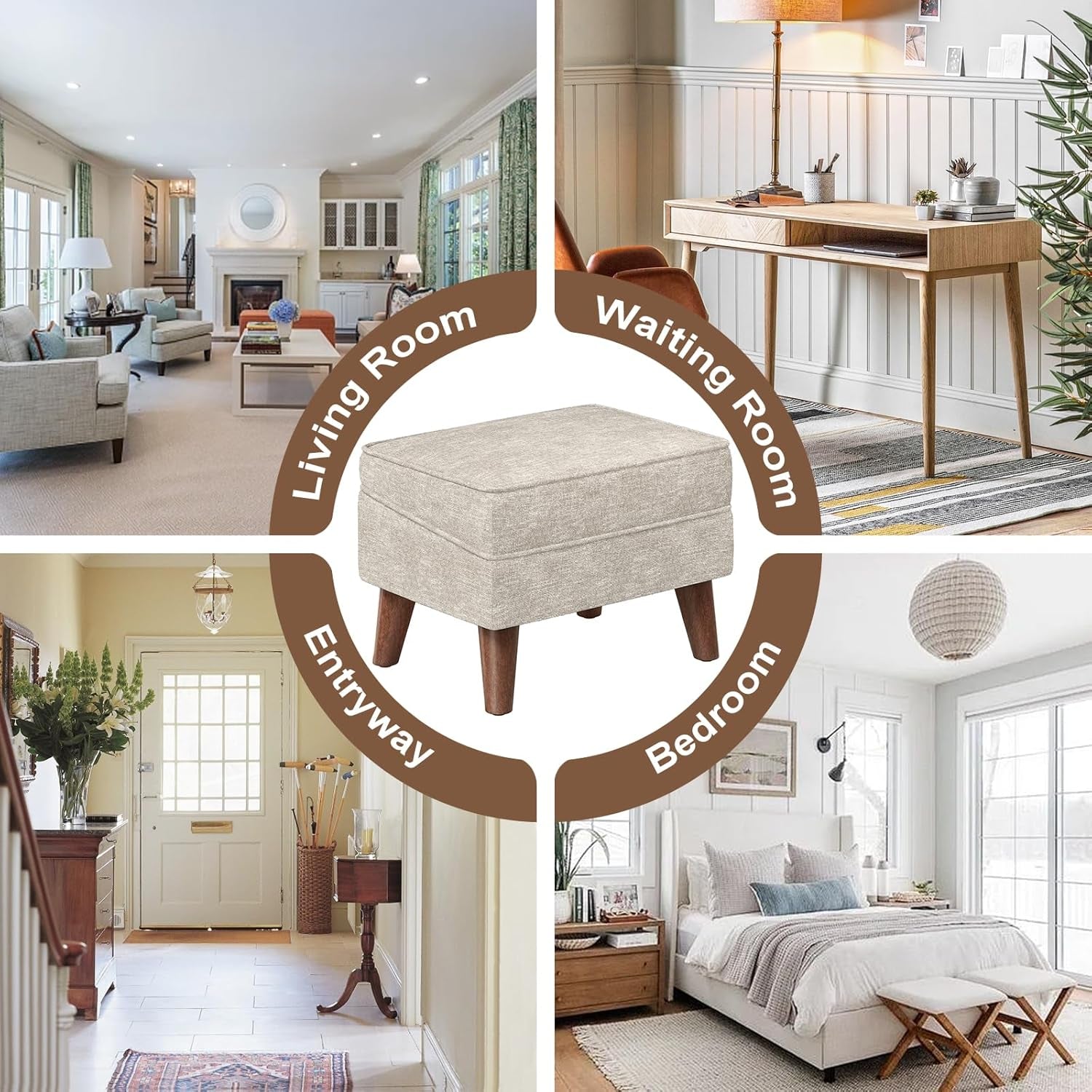 Collage of different rooms including a living room, waiting room, entryway, and bedroom with a central ottoman.