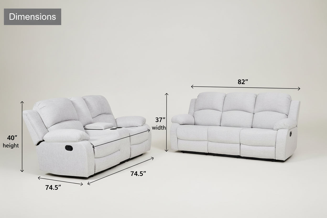 Dimensions of a white recliner sofa set on a white background