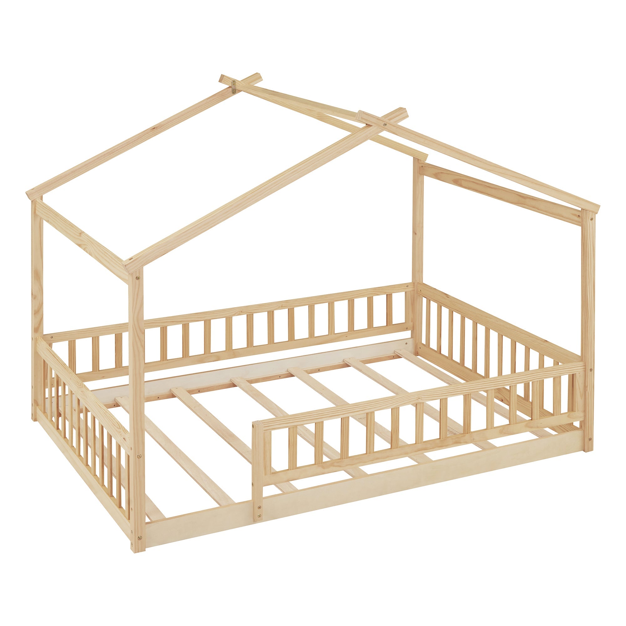 Wood Bed House Bed Frame with Fence, for Kids, Teens, Girls, Boys