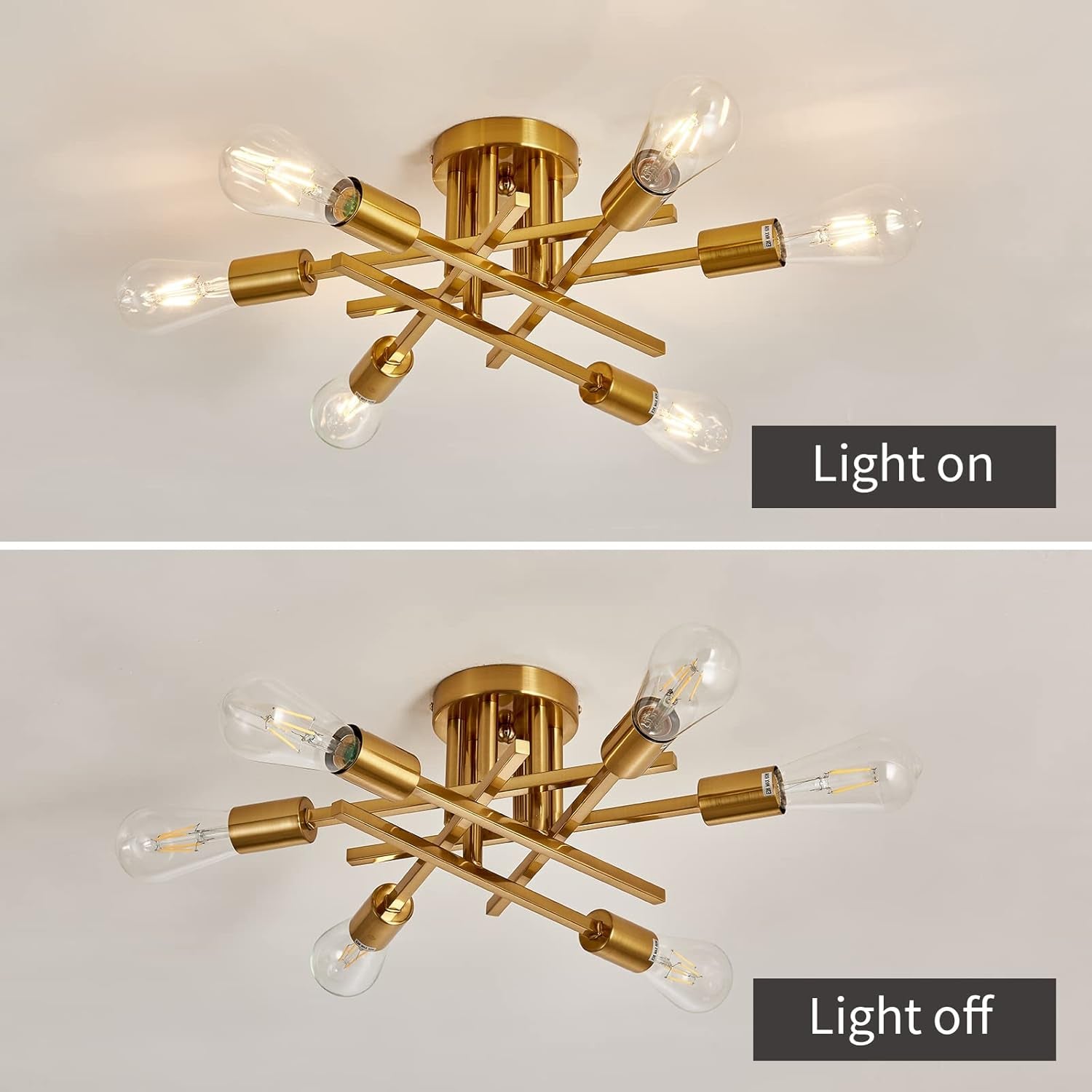 Gold ceiling light fixture shown with 'Light on' and 'Light off' labels.