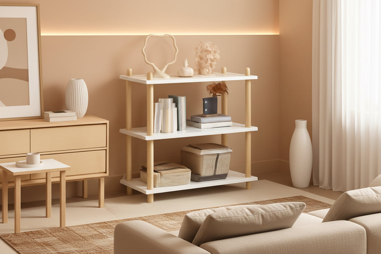 Three-tiered shelf with books and decorative items against a beige wall.