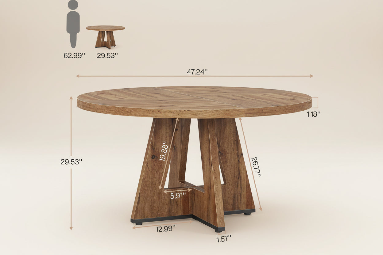 Wooden round table with dimensions labeled on a white background
