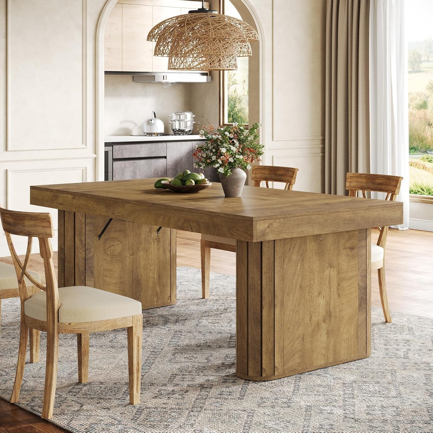 Wooden dining table with chairs in a modern kitchen setting