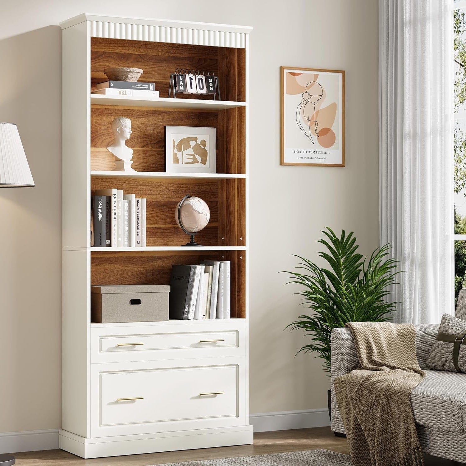 White bookshelf with wooden shelves in a living room setting