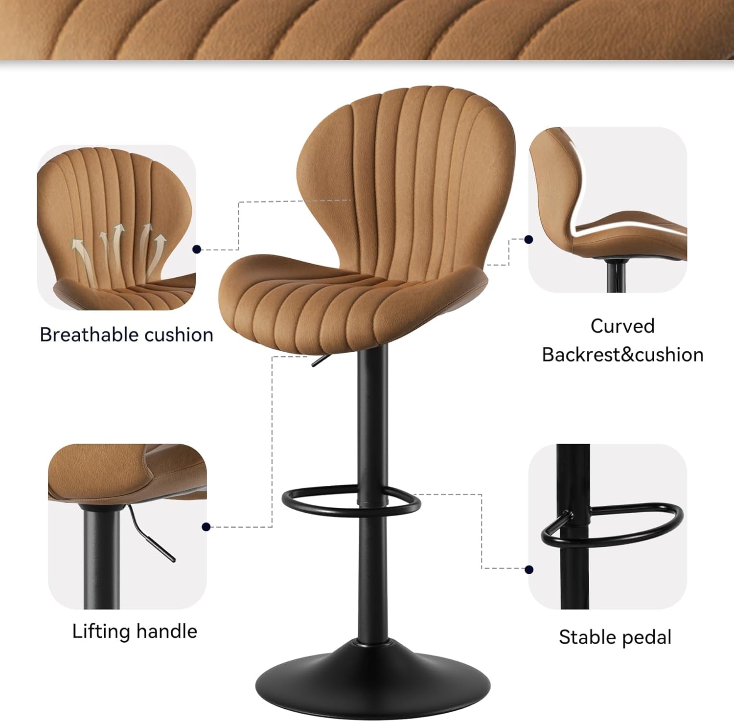 Brown bar stool with features highlighted on a white background
