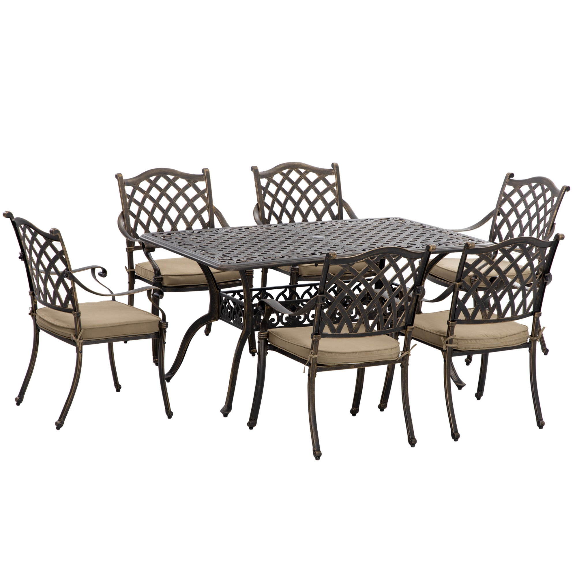6-Seater Patio Dining Set with Umbrella Hole, Cast Aluminum Patio Furniture Set with Six Cushioned Chairs and Rectangle Dining Table, Bronze-0