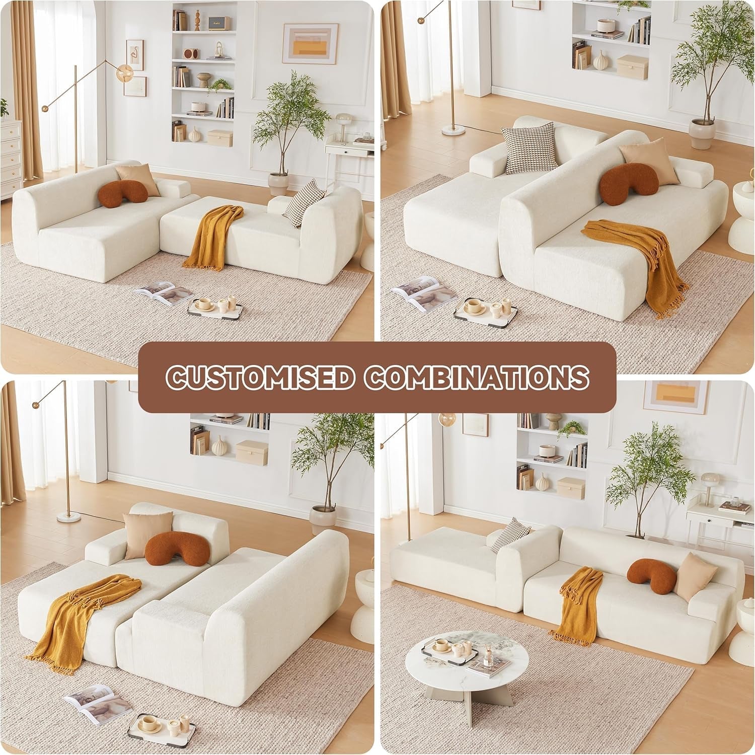 Collage of a living room with a white sofa, cushions, and decor elements.
