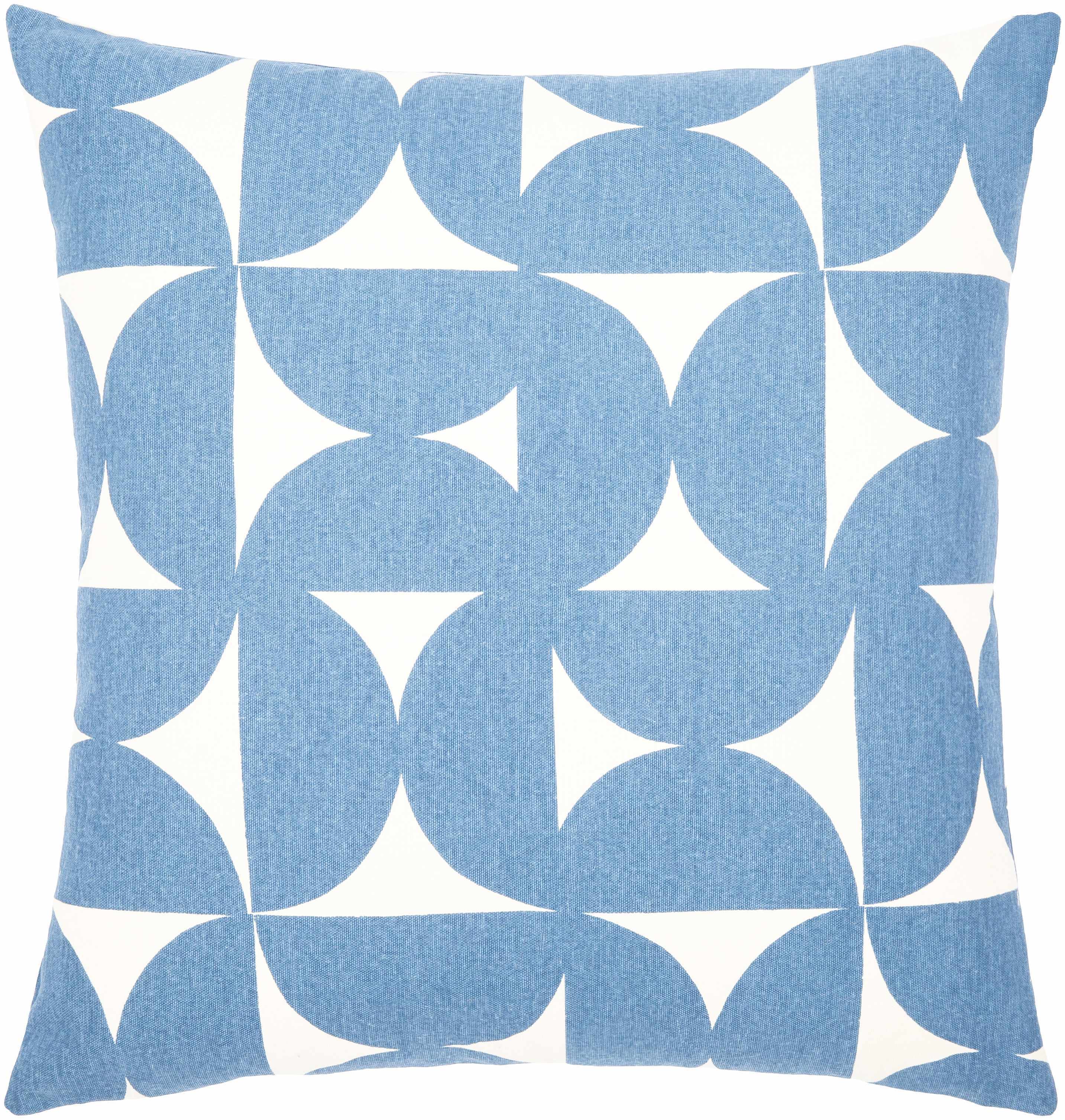 Decorative pillow with blue and white geometric pattern on a white background