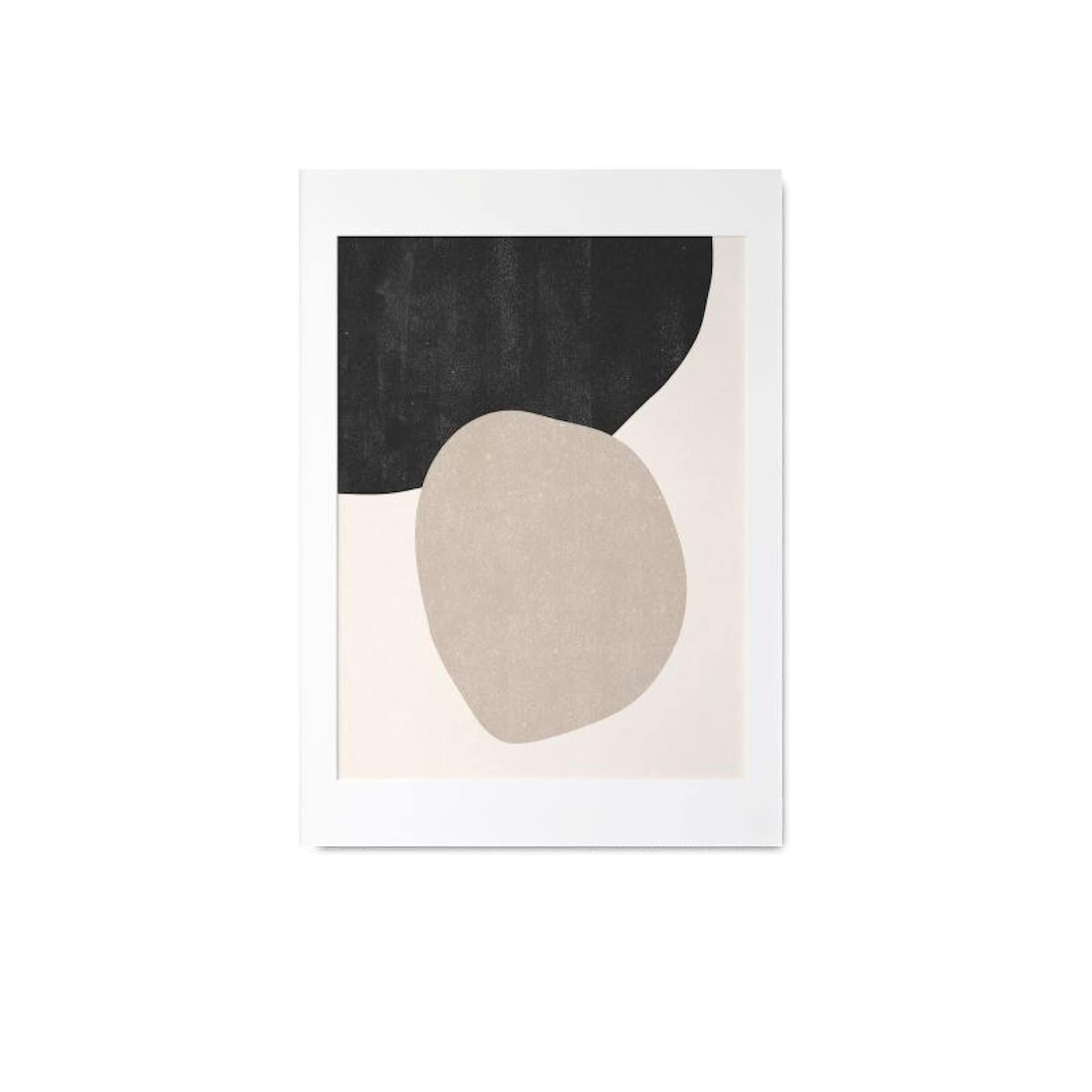 Framed abstract art print with black and beige shapes on a white background