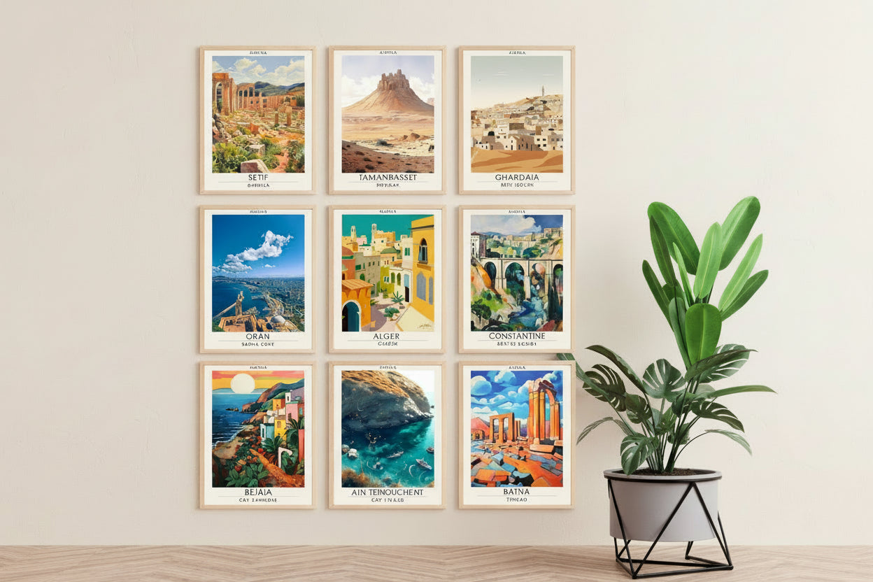 Set of nine framed artworks depicting various Algerian locations on a dark wall.