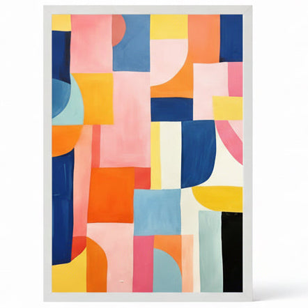 Colorful abstract art print on a white wall with plants on either side.