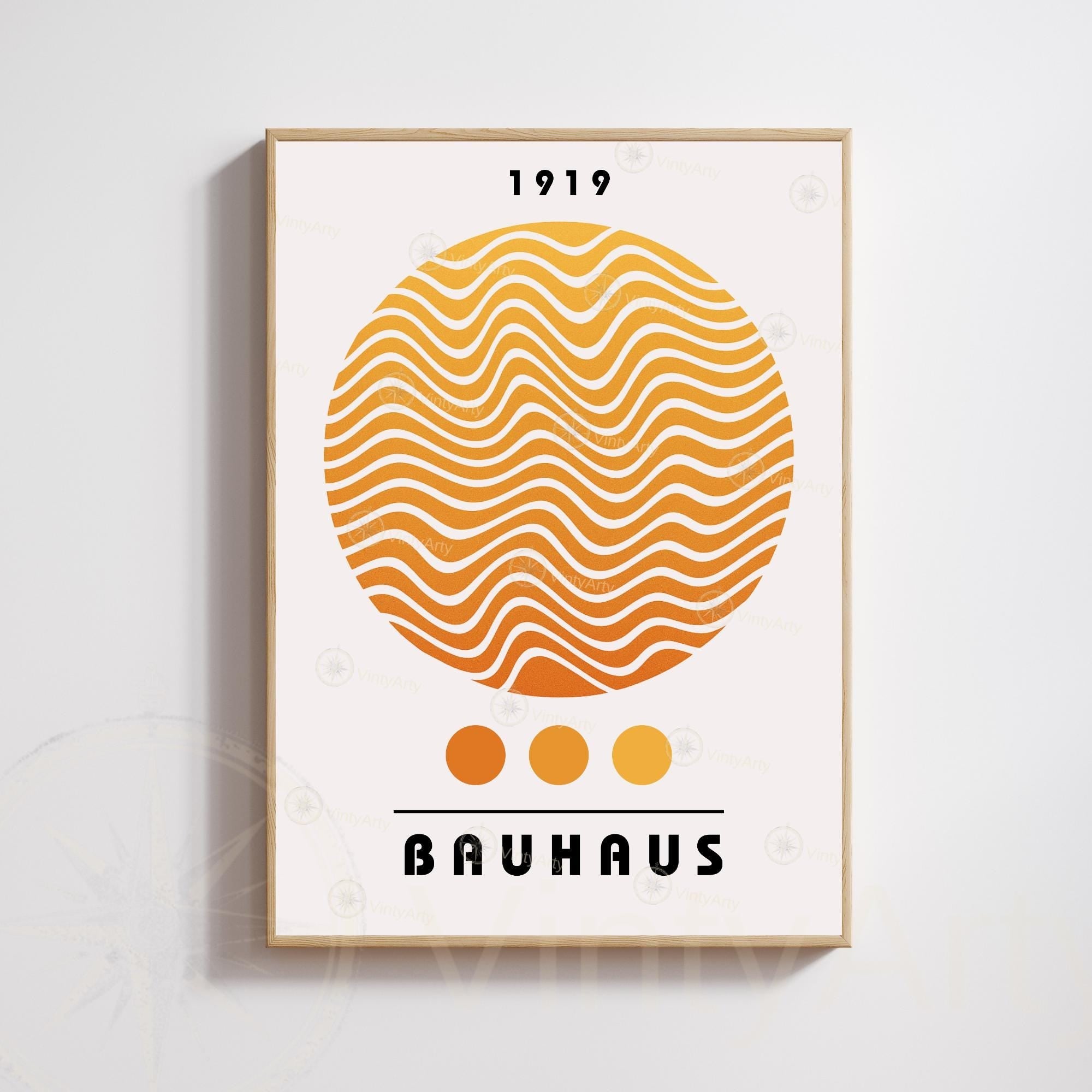 Framed Bauhaus poster with wavy circle design and text on a light gray background