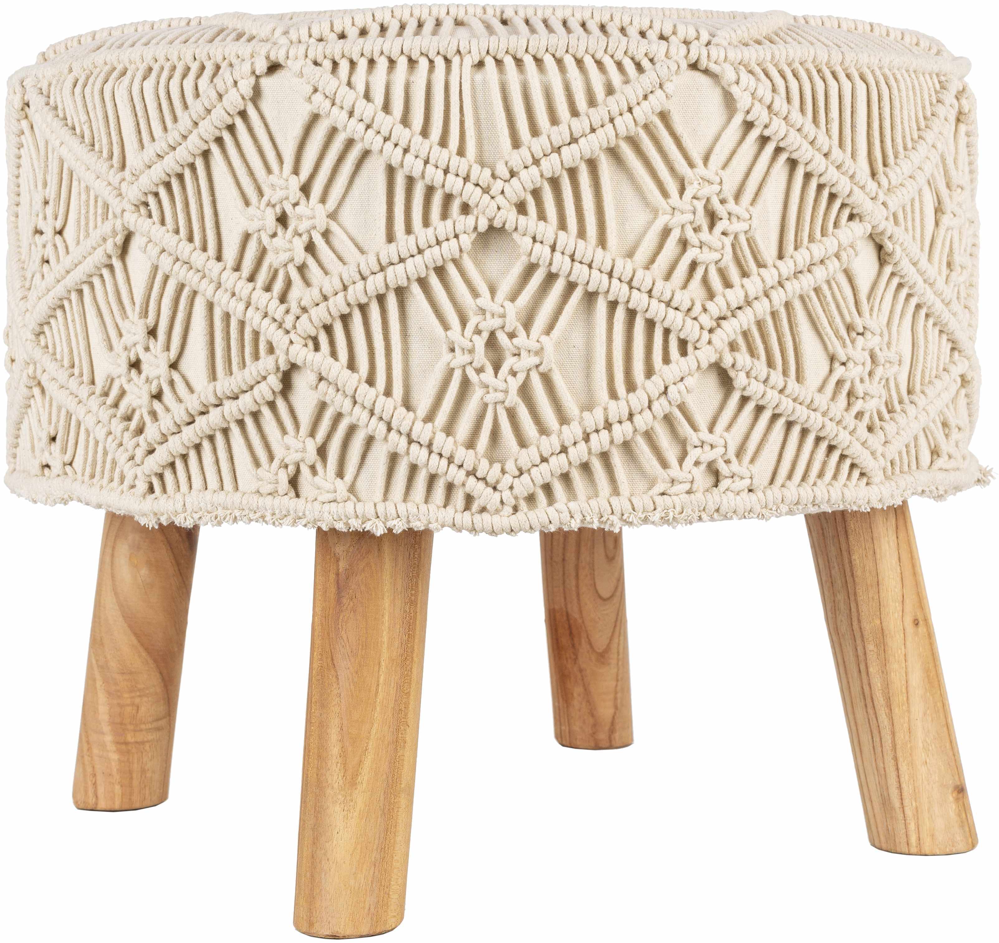 Small stool with macrame top and wooden legs on a white background