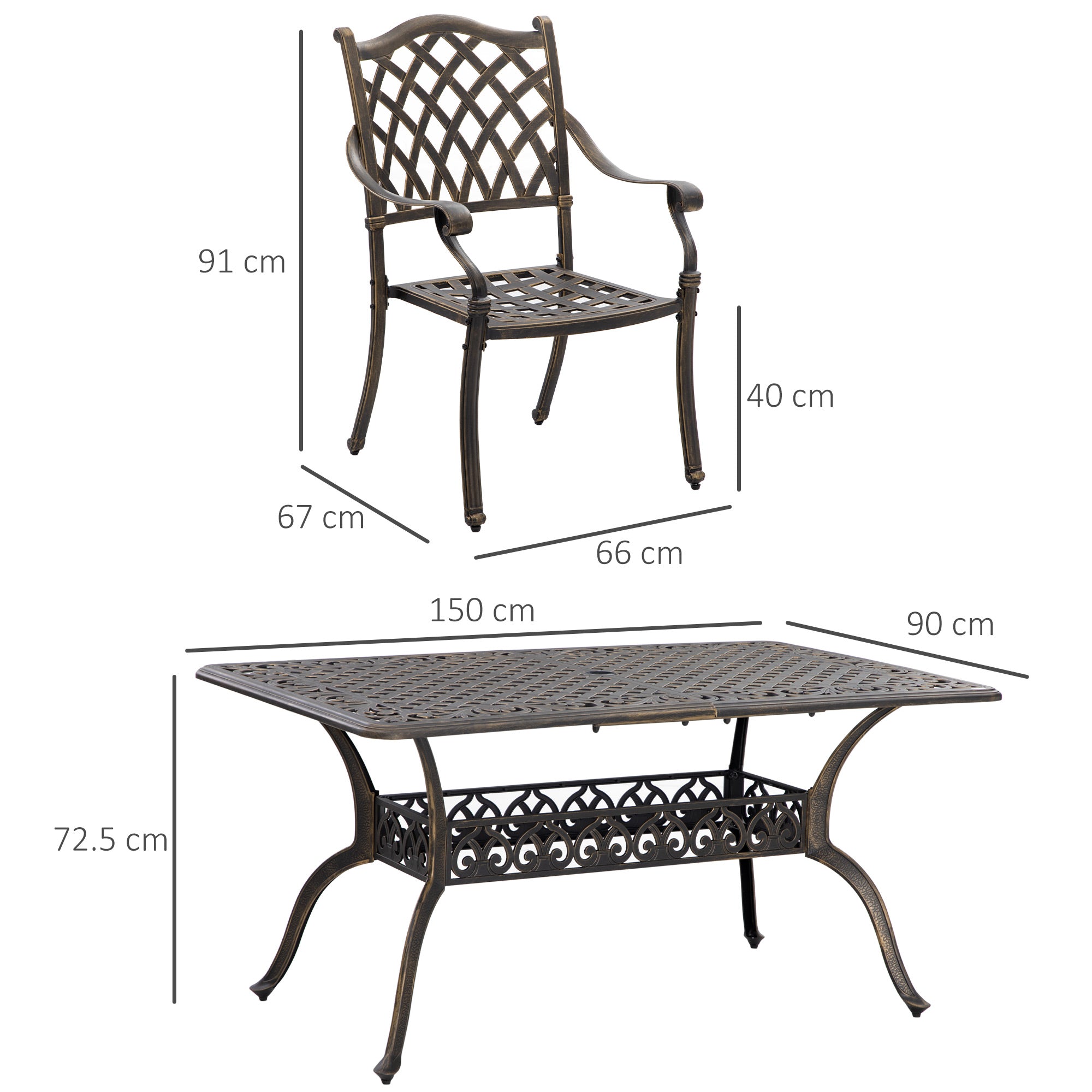 6-Seater Patio Dining Set with Umbrella Hole, Cast Aluminum Patio Furniture Set with Six Cushioned Chairs and Rectangle Dining Table, Bronze-2