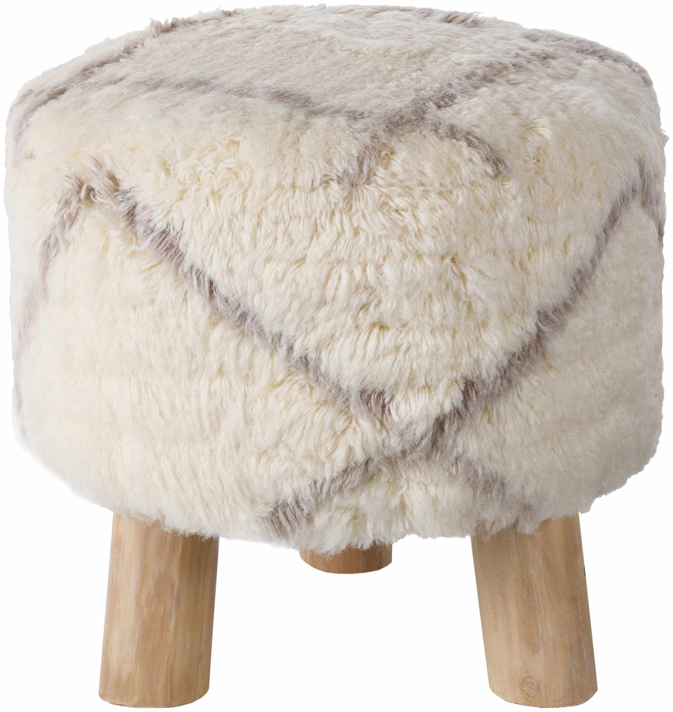 Round stool with white fur cover and wooden legs on a white background