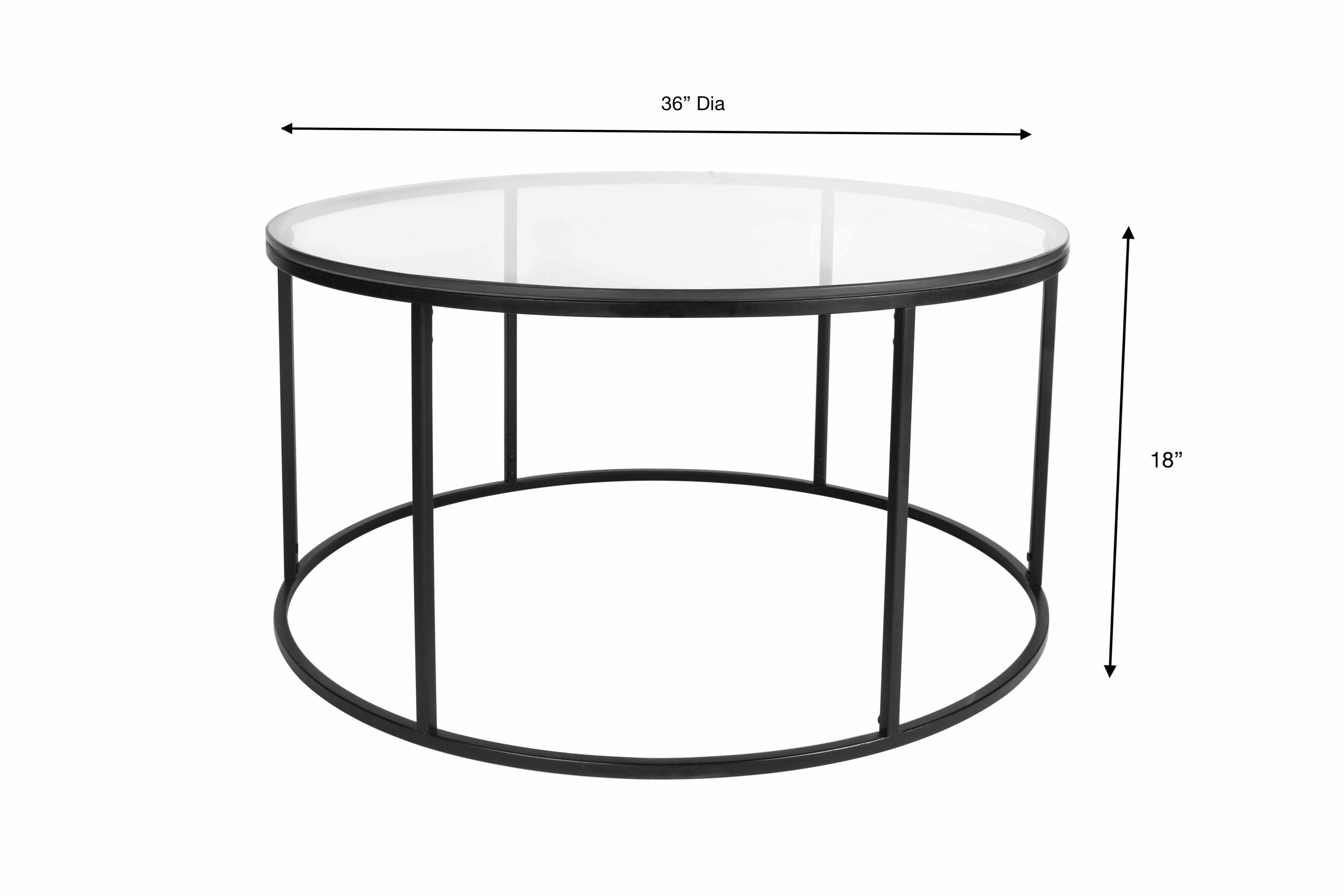 Round glass coffee table with black metal frame and dimensions on a white background