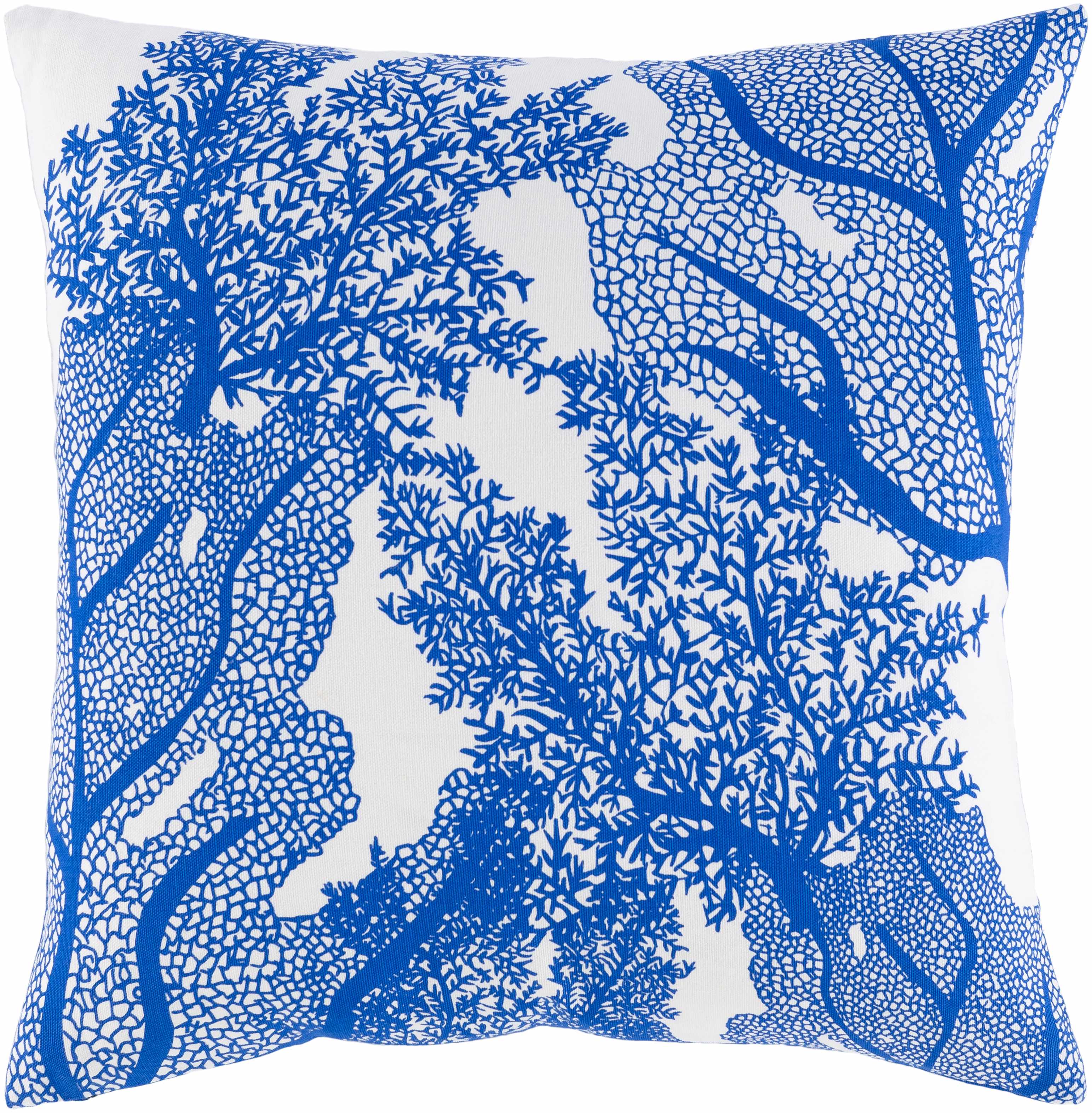 Decorative pillow with blue and white tree pattern on a white background