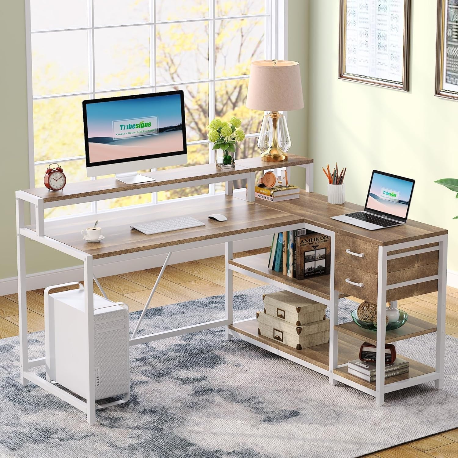 L-shaped desk with computer setup in a home office.