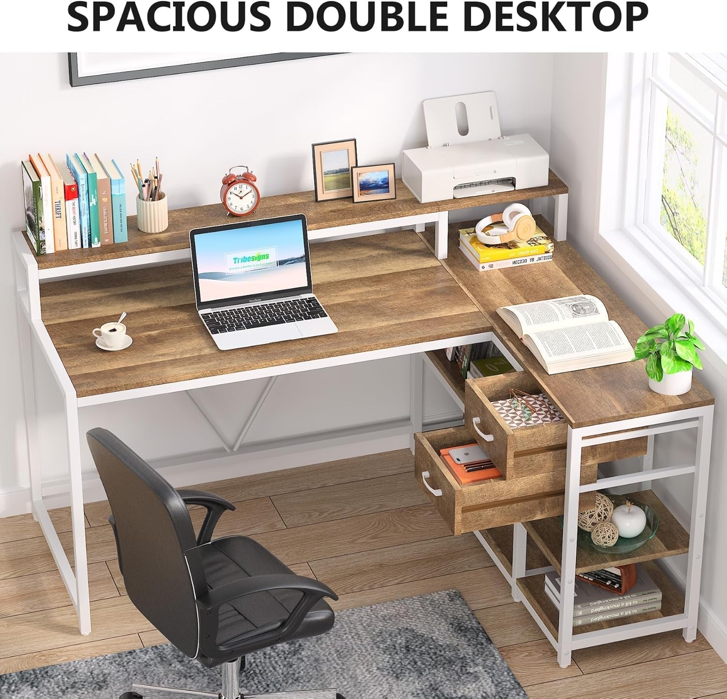 Wooden L-shaped desk with office items in a home office setting