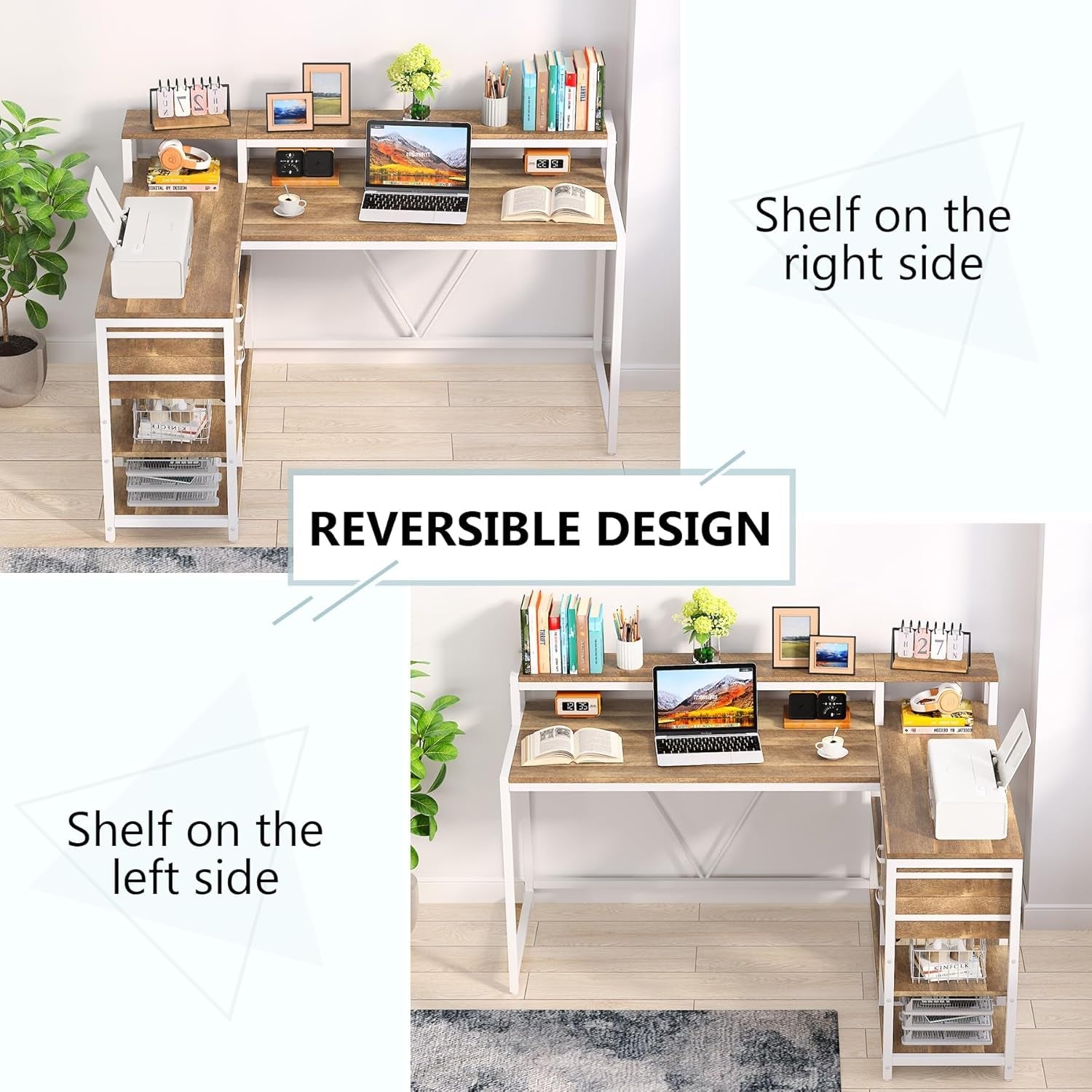 Reversible L-shaped desk with shelves on both sides, featuring a laptop, books, and decorative items.