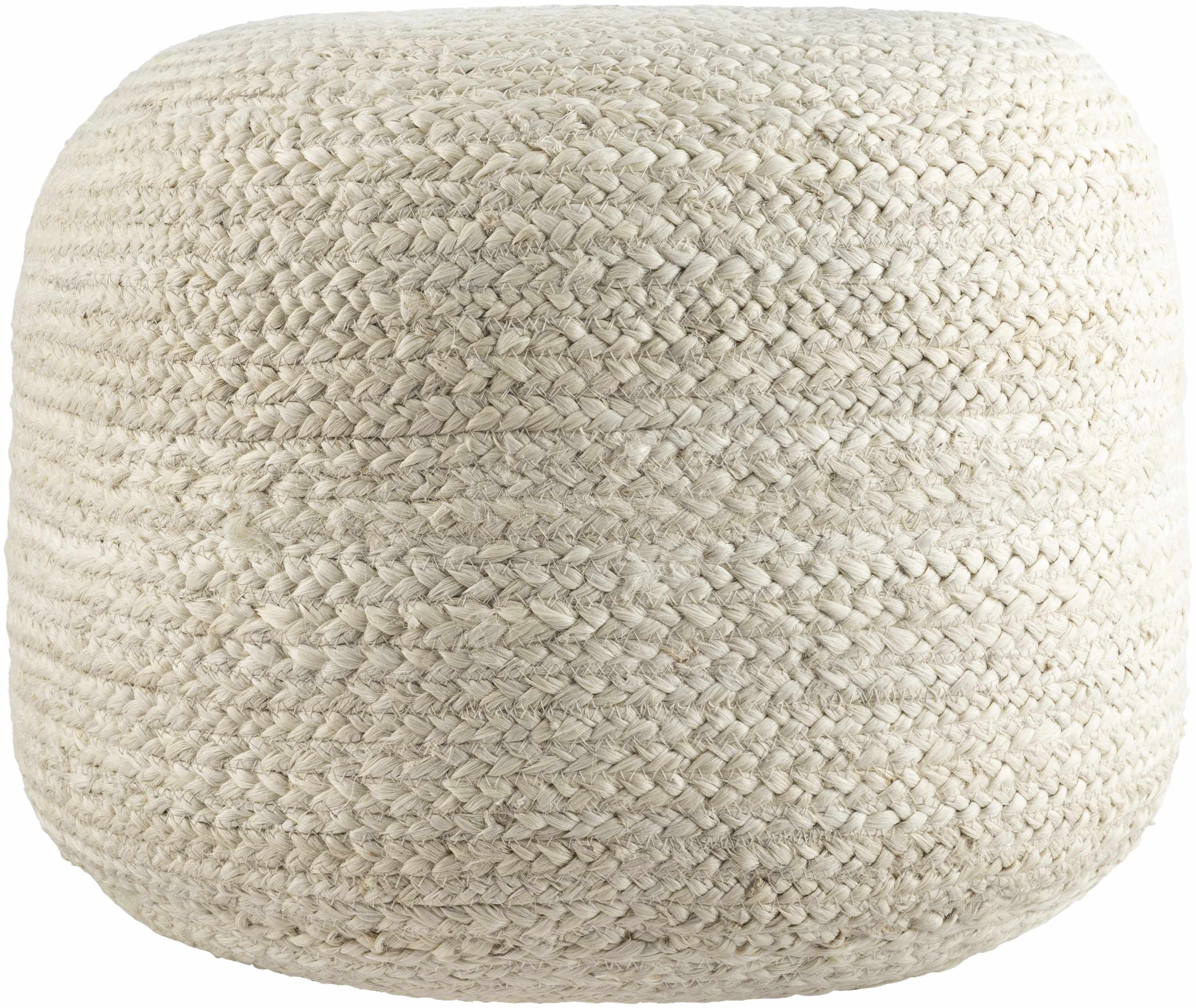 Beige woven pouf on a white background