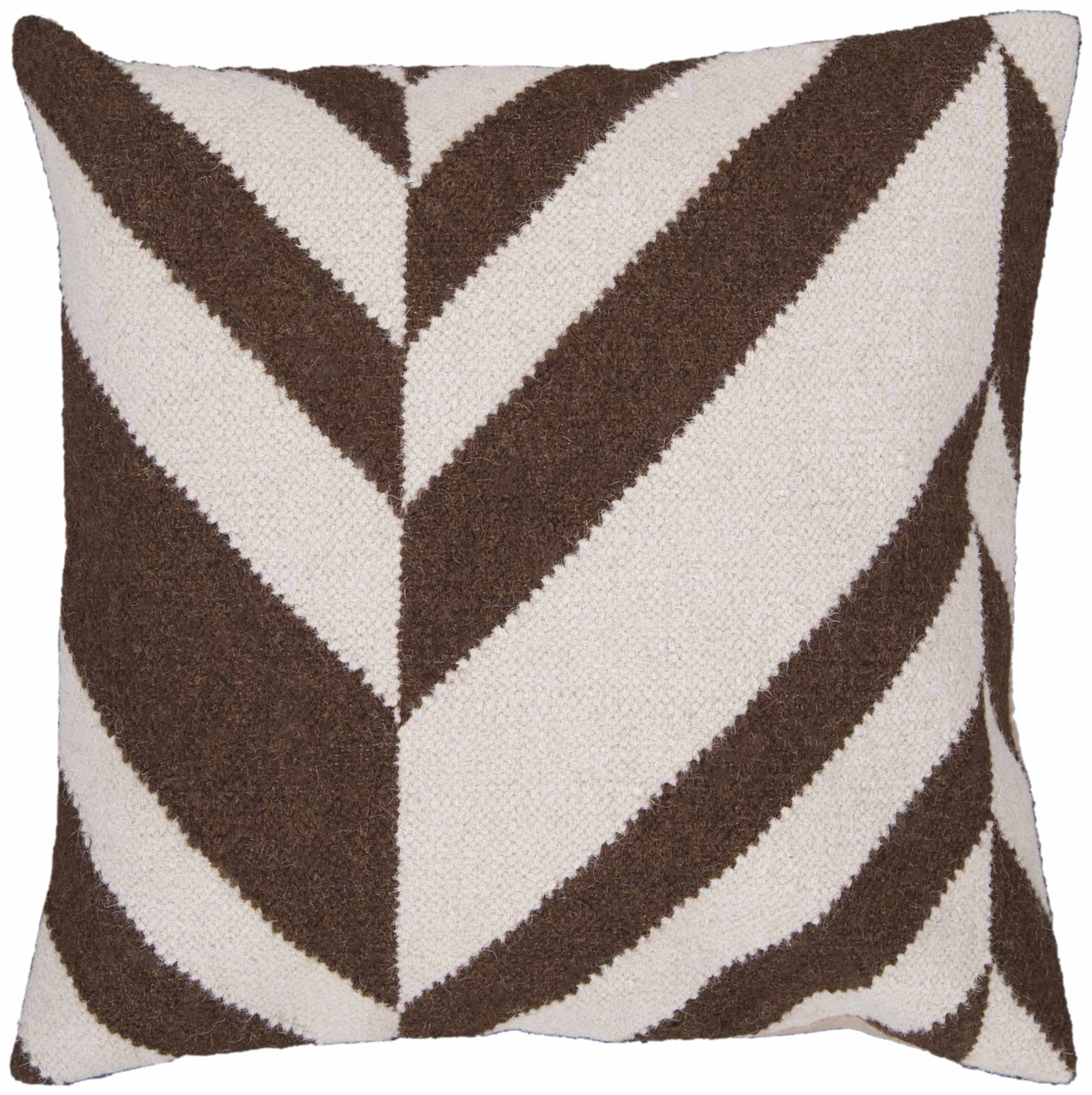 Decorative pillow with brown and white chevron pattern on a plain background