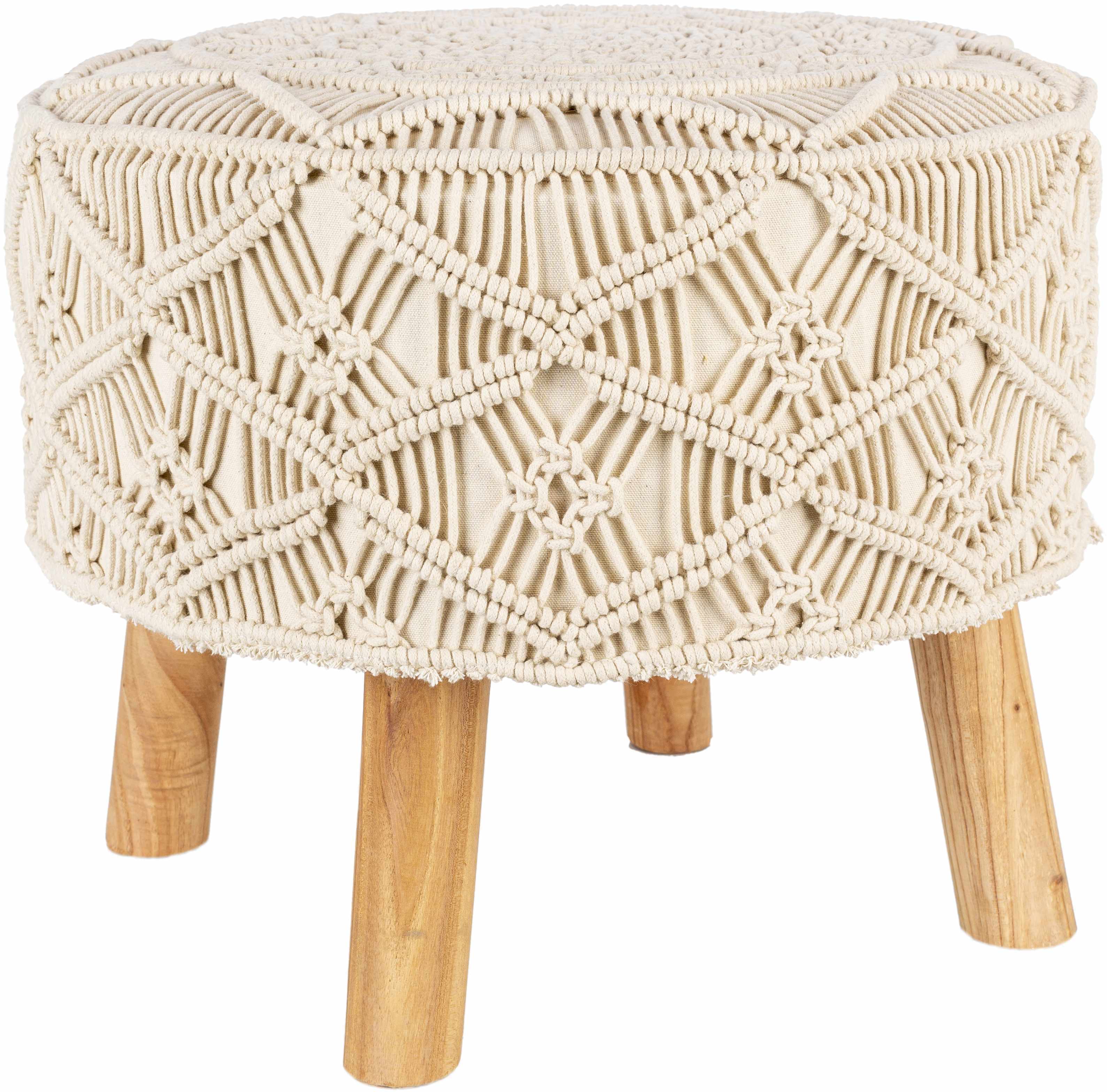 Round stool with macrame top and wooden legs on a white background