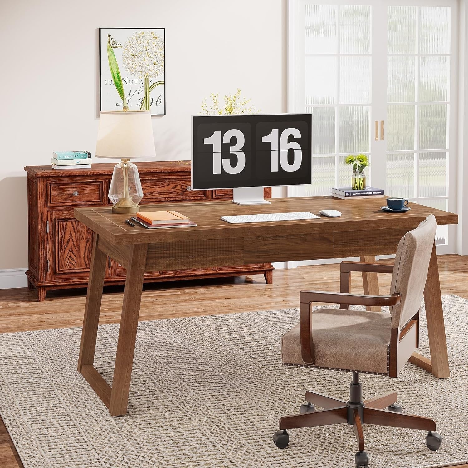 Wooden desk with chair in a home office setting