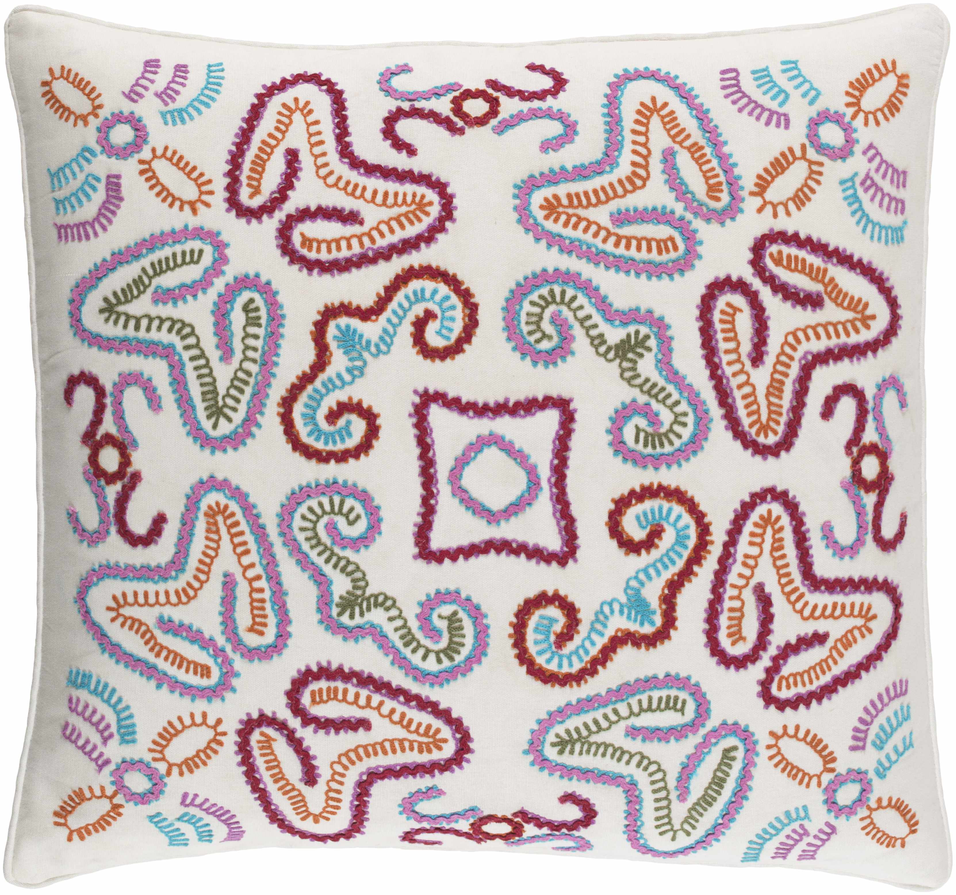 Decorative pillow with colorful paisley pattern on a white background