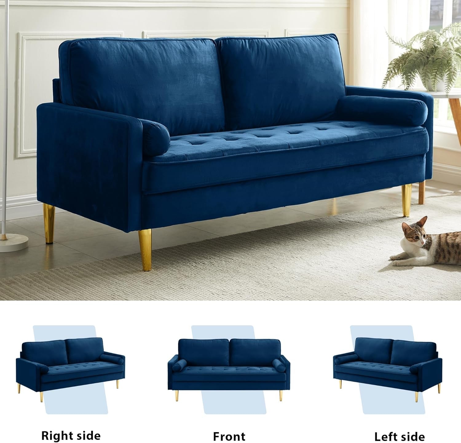 Blue sofa with gold legs in a room setting, shown from multiple angles.
