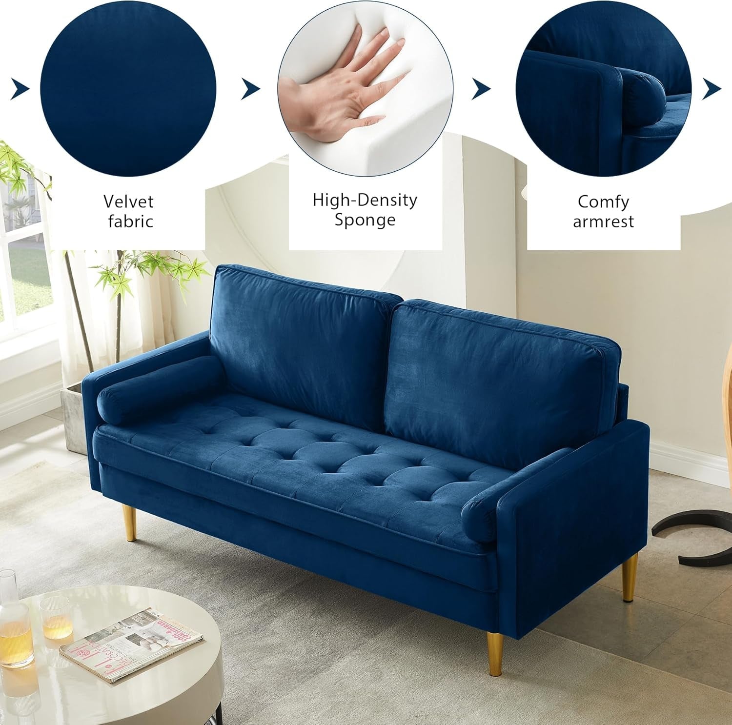 Blue velvet sofa with close-up details of fabric, sponge, and armrest in a living room setting.