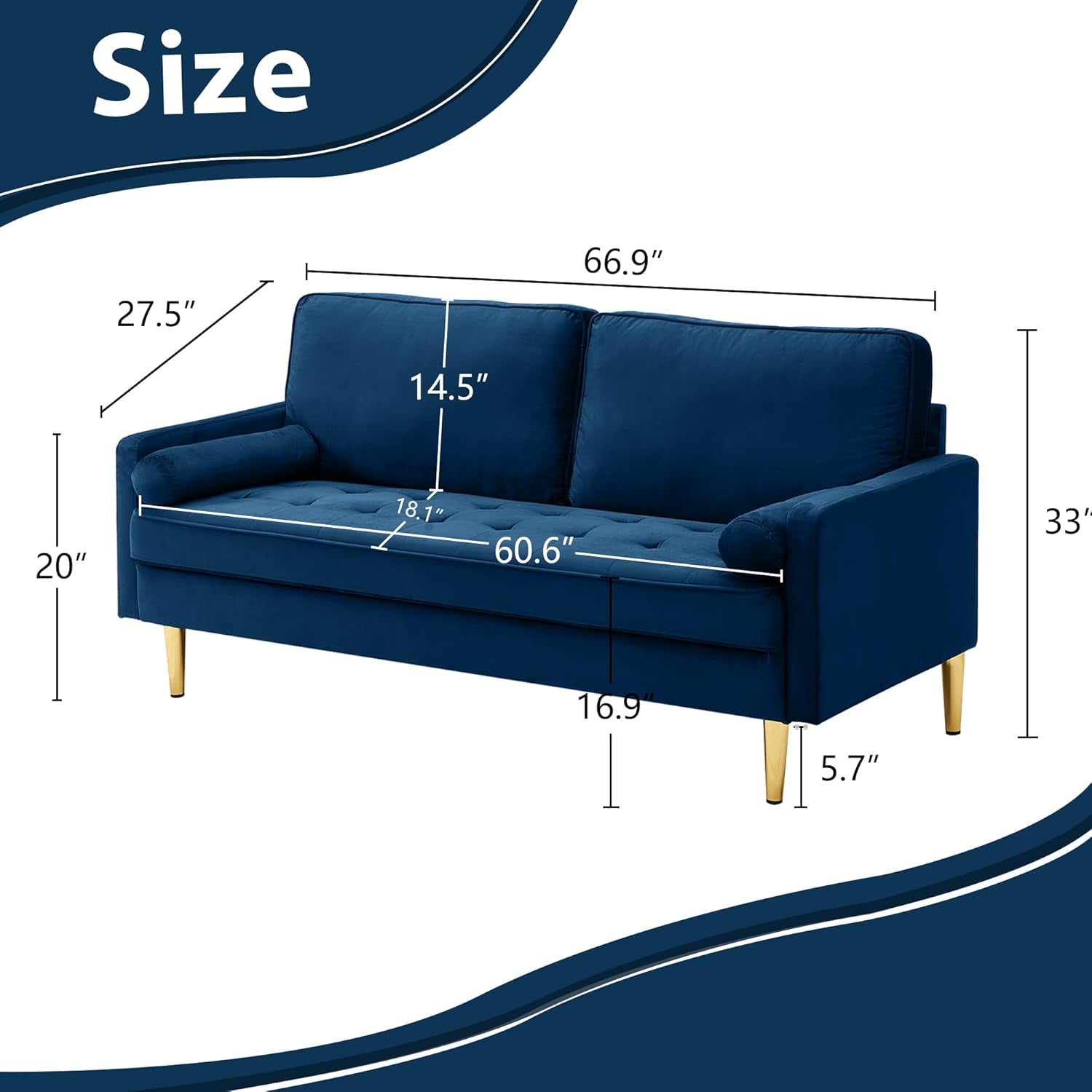 Blue sofa with dimensions labeled on a white background