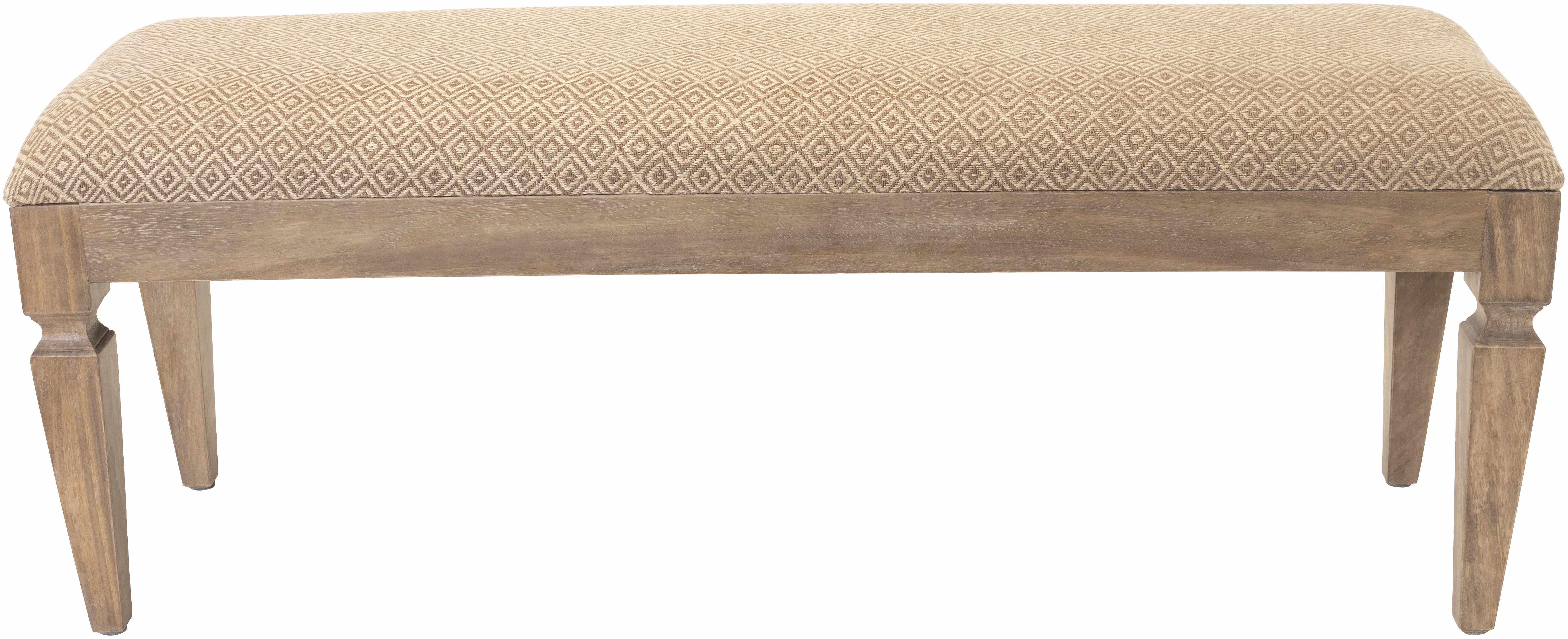 Beige upholstered bench with wooden legs on a white background