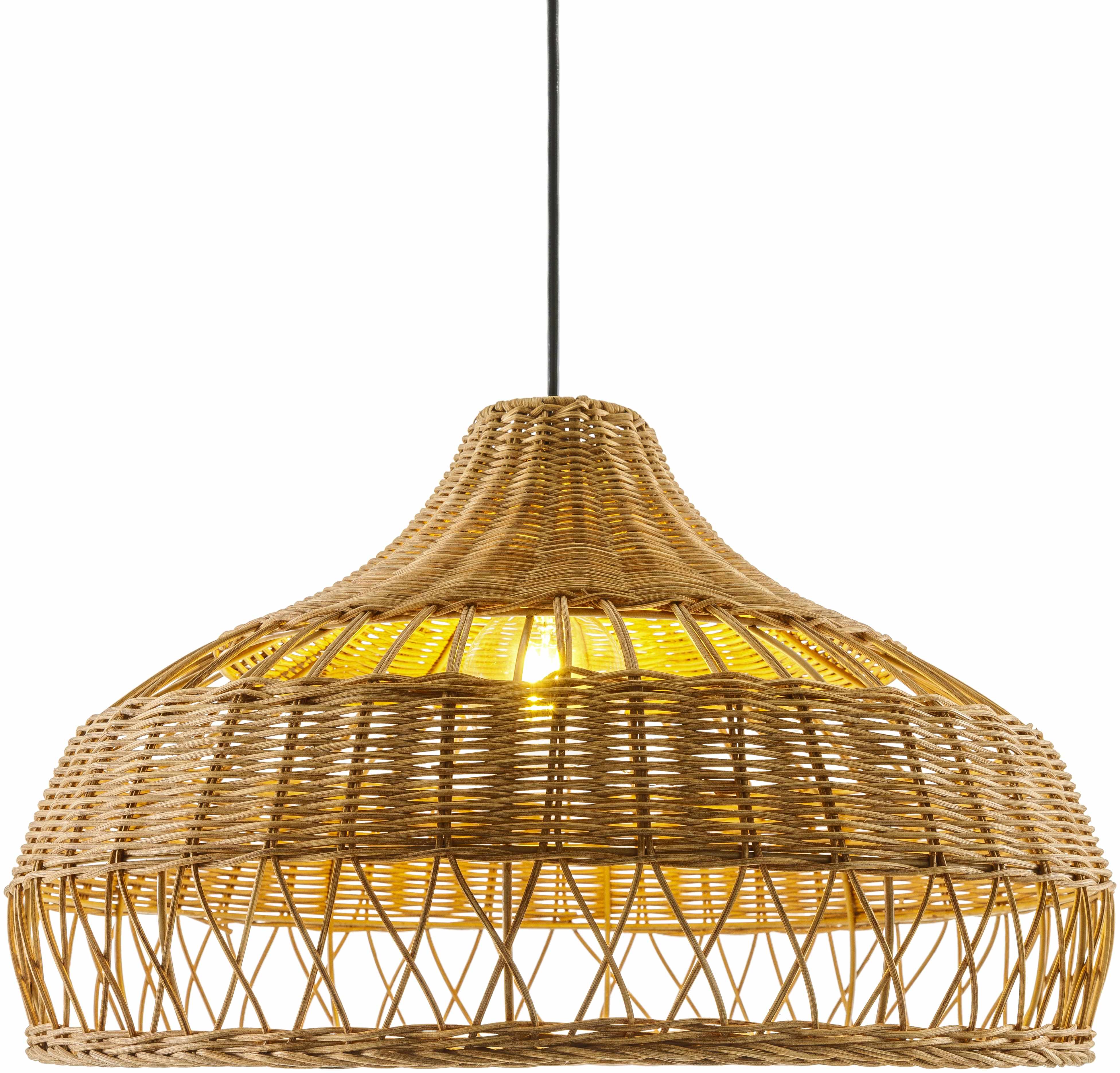 Wicker pendant light with a warm glow on a white background