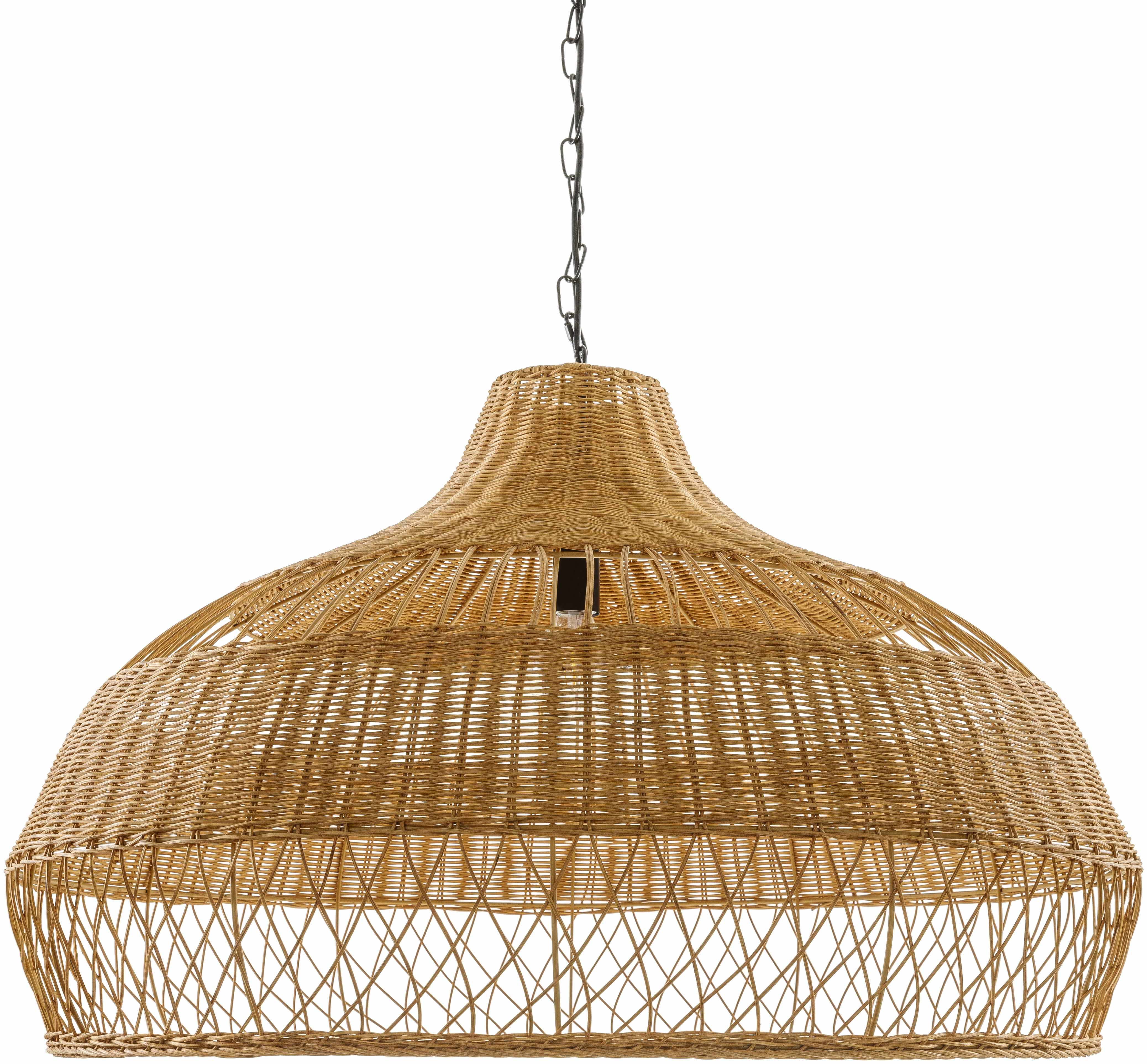 Woven rattan pendant light on a white background