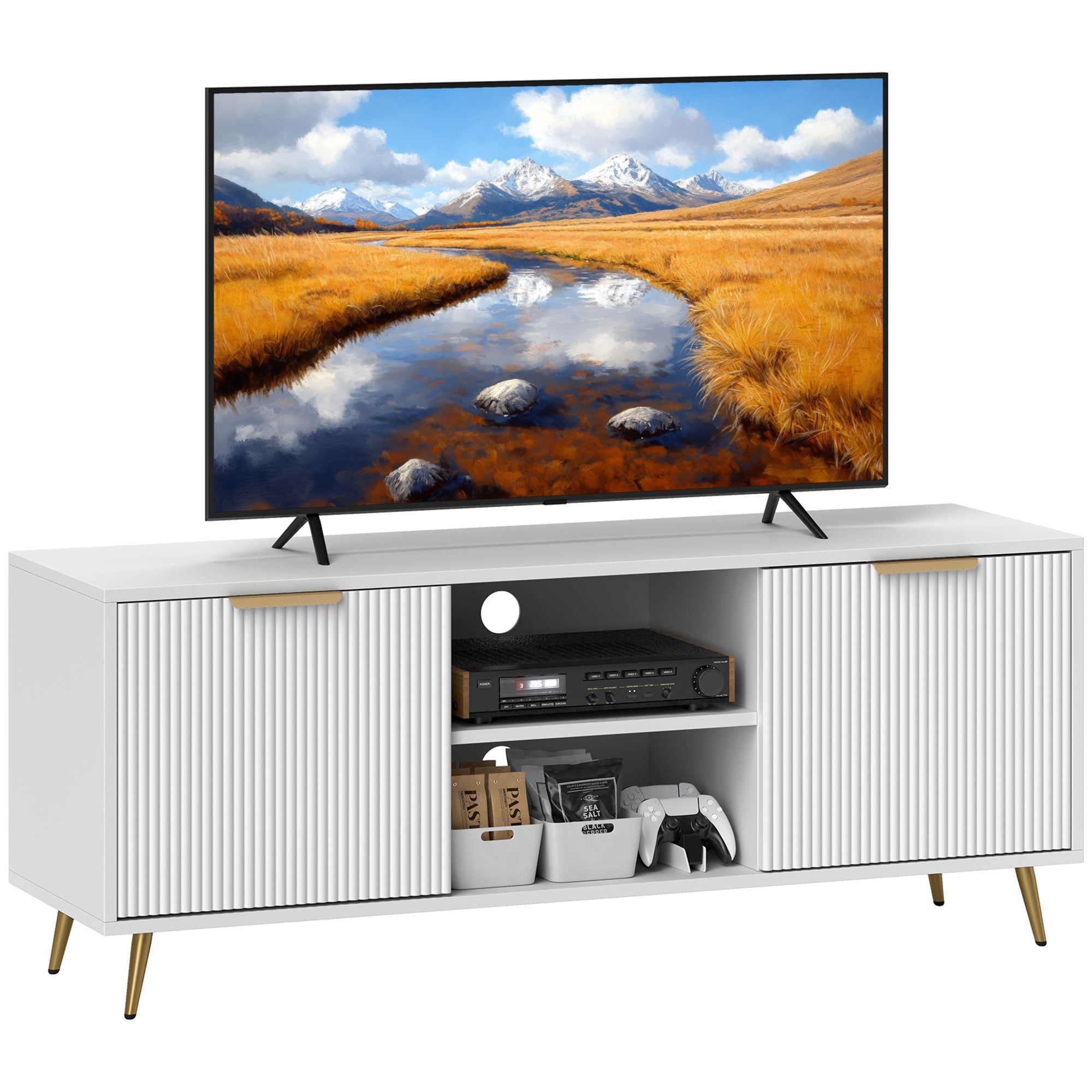 White TV stand with a mounted television displaying a scenic landscape.